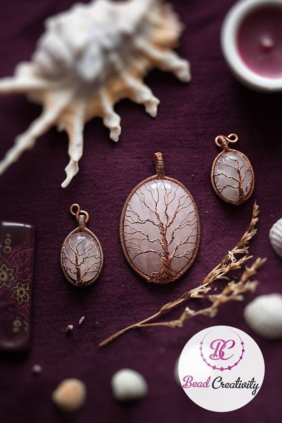 Rose Quartz Tree of Life Necklace: Copper Wire Wrapped Pendant, Custom Initial