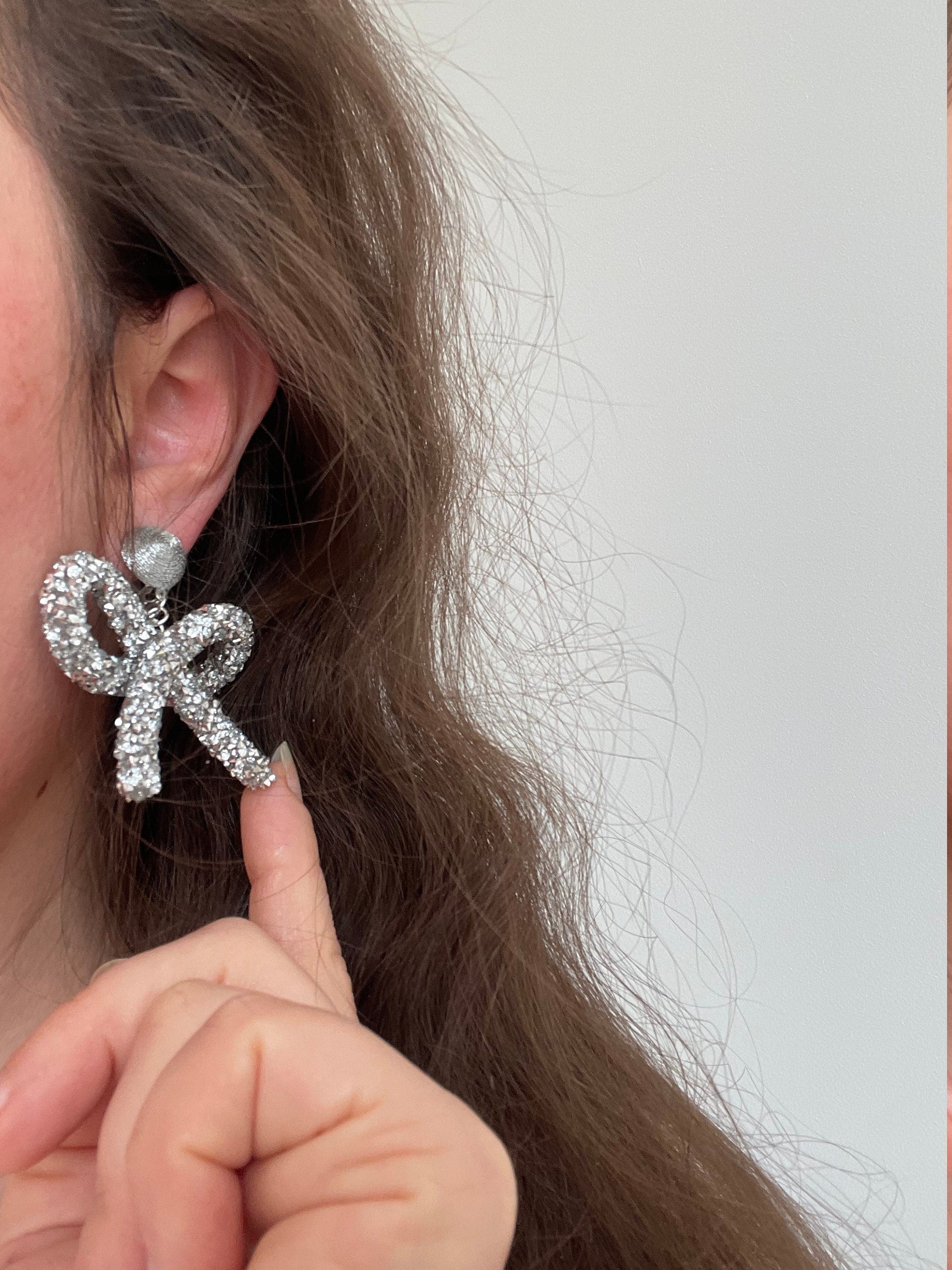 Ship from US, Bridal bow earrings, Vintage Bohemian Bow Earrings, Bridesmaid Bow Drop Earrings, Rhinestone Earrings Silver, gift for her mom