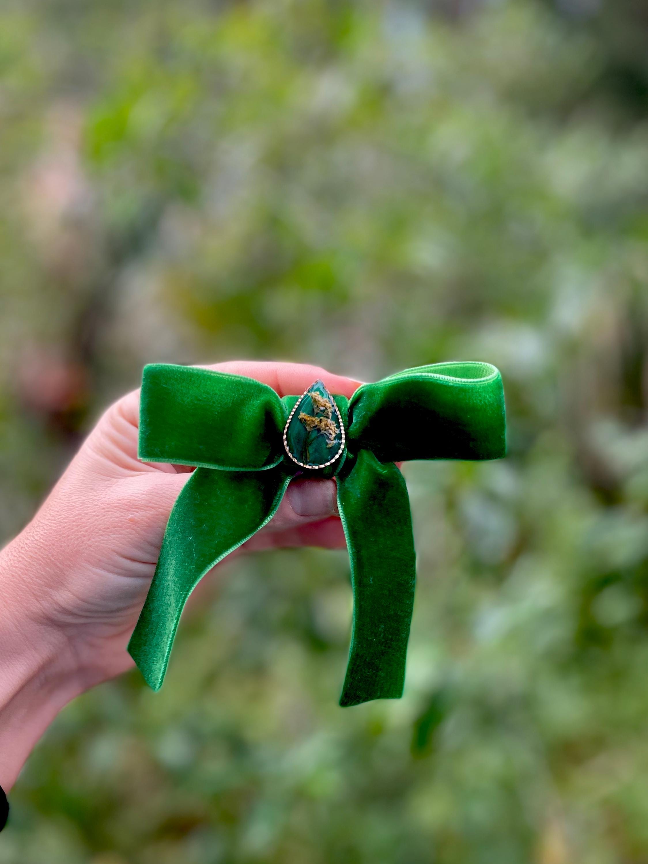 Forest Green Velvet Hair Bow Clip: Real Wildflower Charm