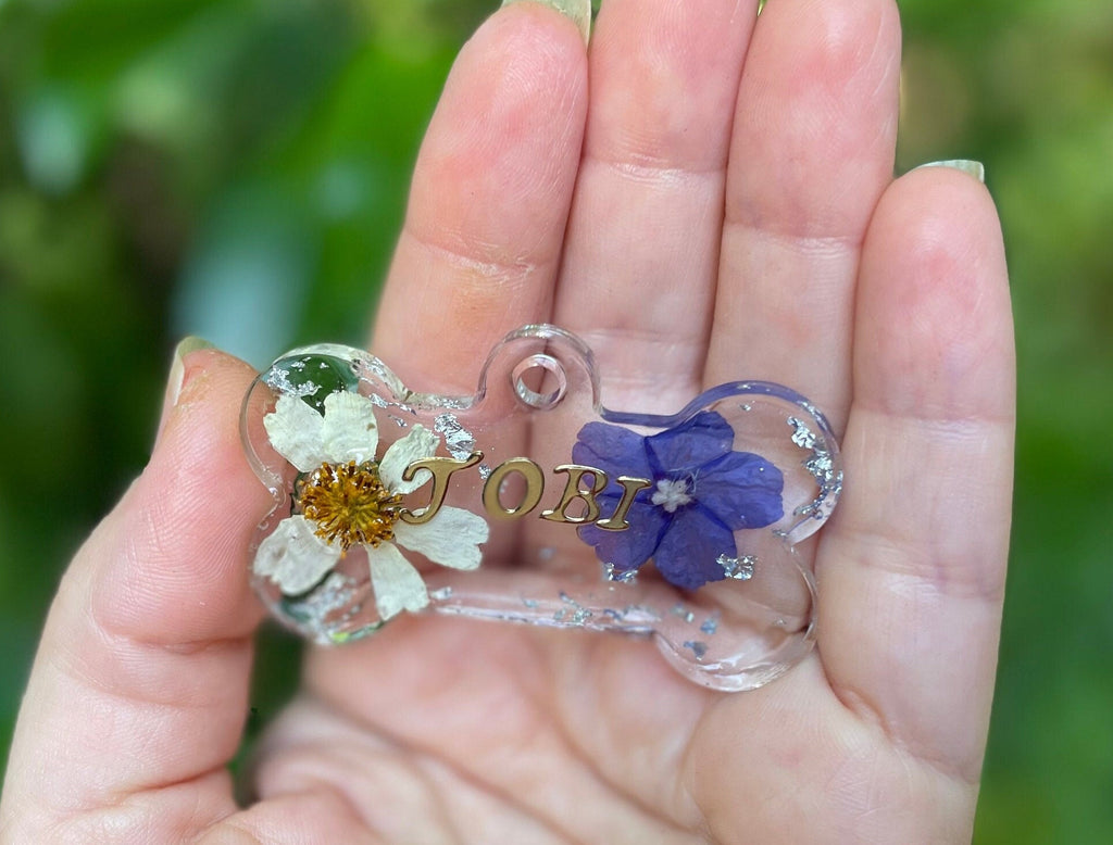 Custom Birth Flower Pet Tag: Resin Dog Name Tag, Forget-Me-Not