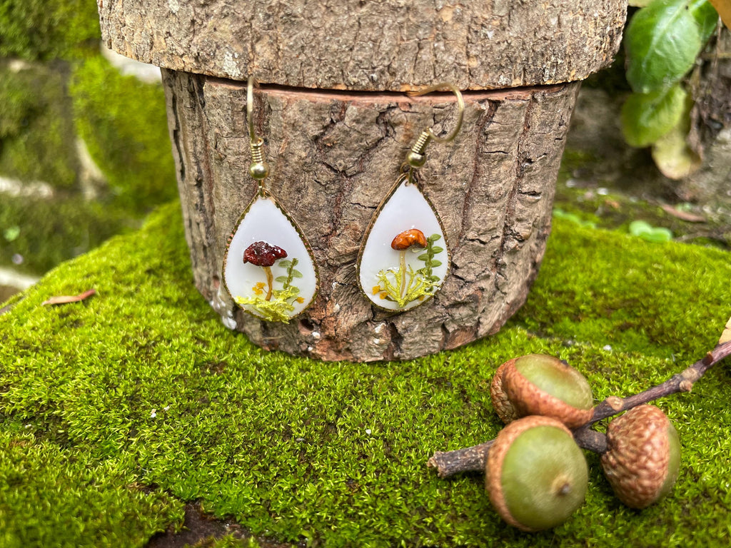 Mushroom Earrings: Real Wildflower Fern, 14K Gold, Personalized Birthstone