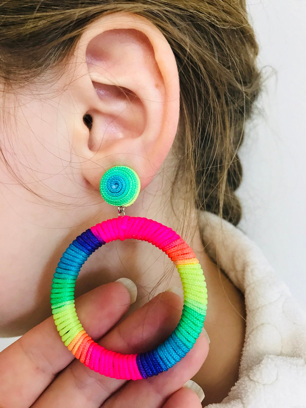 Rainbow colorful Oversize hoop earrings, big hoops clip on, statement laser cut wooden studs~trendy fashion jewelry, Christmas gifts for mom