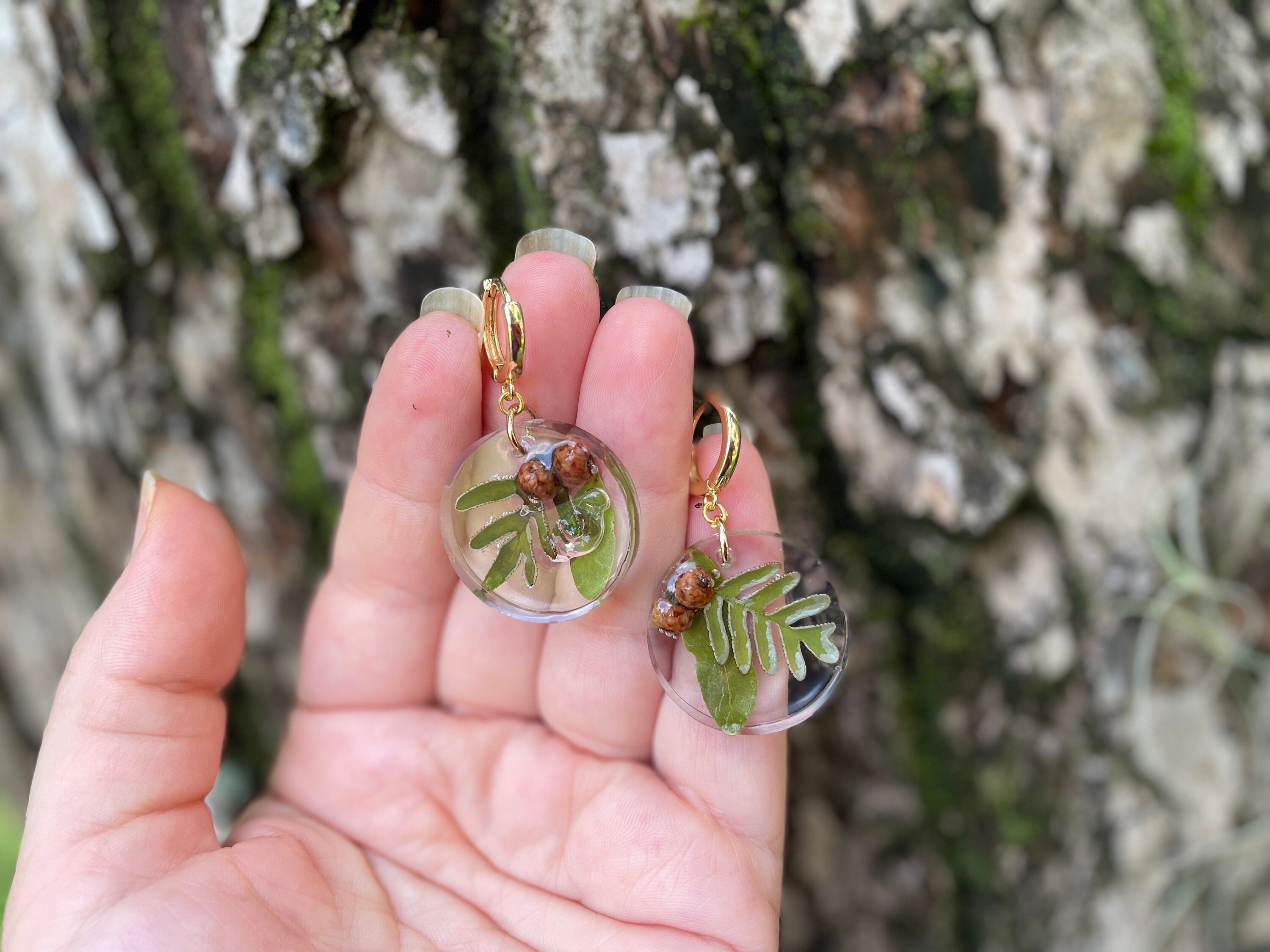 Gold-Filled Resin Earrings: Acorn, Fern & Oak Leaf - Mori Kei Jewelry
