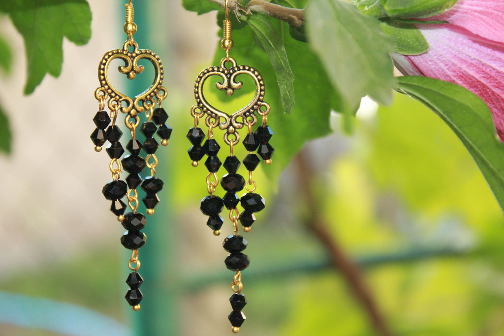 Mothers Day gift, Gold and black Heart earrings, long chandelier earrings, romantic gift for girlfriend wife, bohemian beaded earrings mom