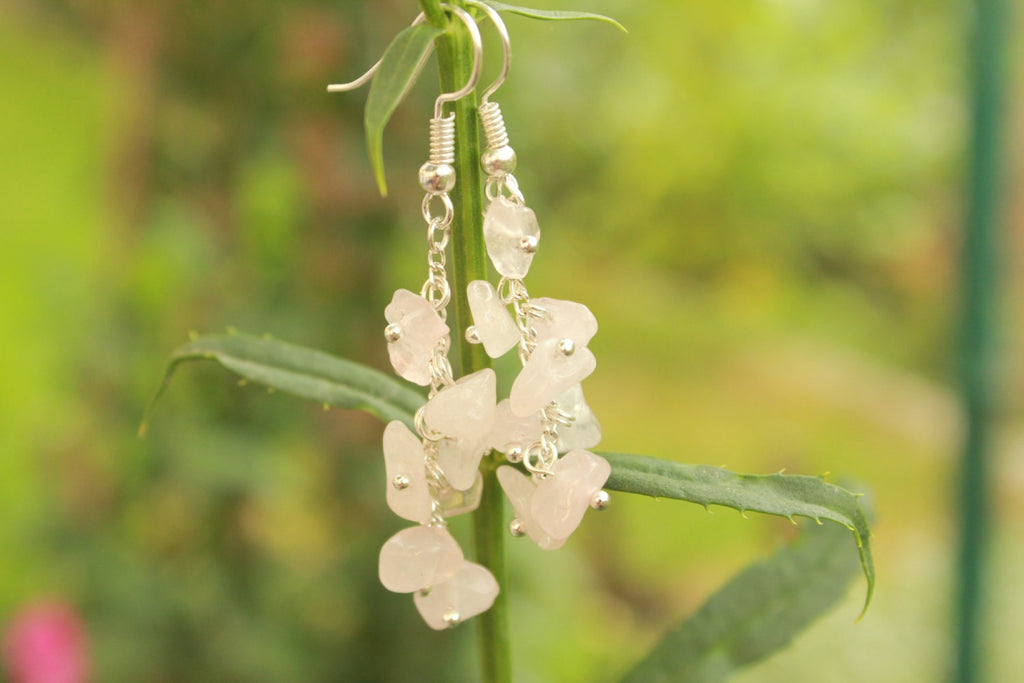 Rose quartz earrings beaded, Personalized birthstone earrings mom, wedding cluster earrings feminine gemstone, bridal shower gift