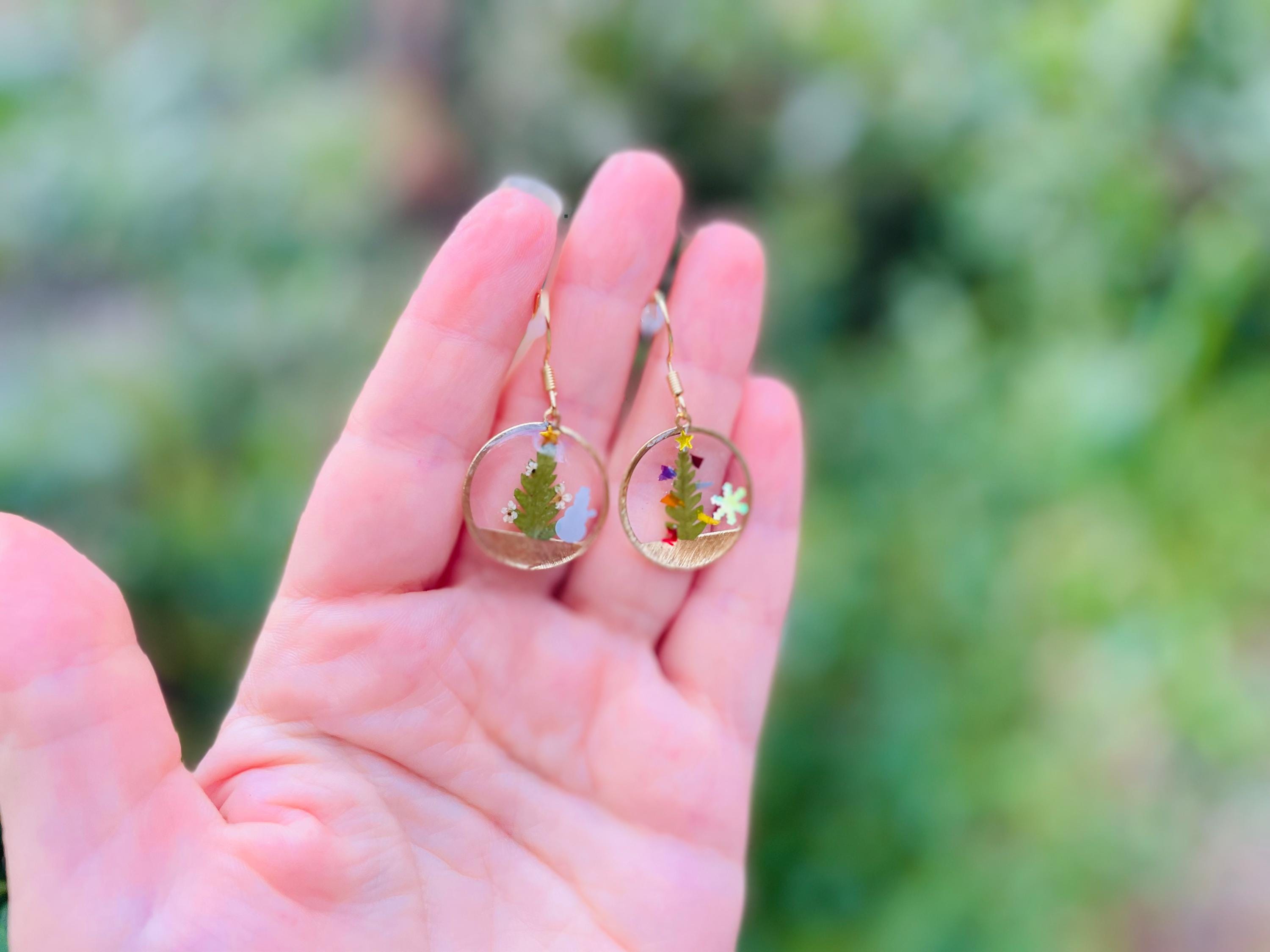 Gold Snow Globe Earrings: Real Fern, Flower Petals, Christmas Tree