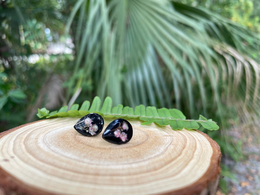 Dainty minimalist teardrop black pink flower resin earrings studs and necklace jewelry set unique holiday gift for best friend 21 birthday