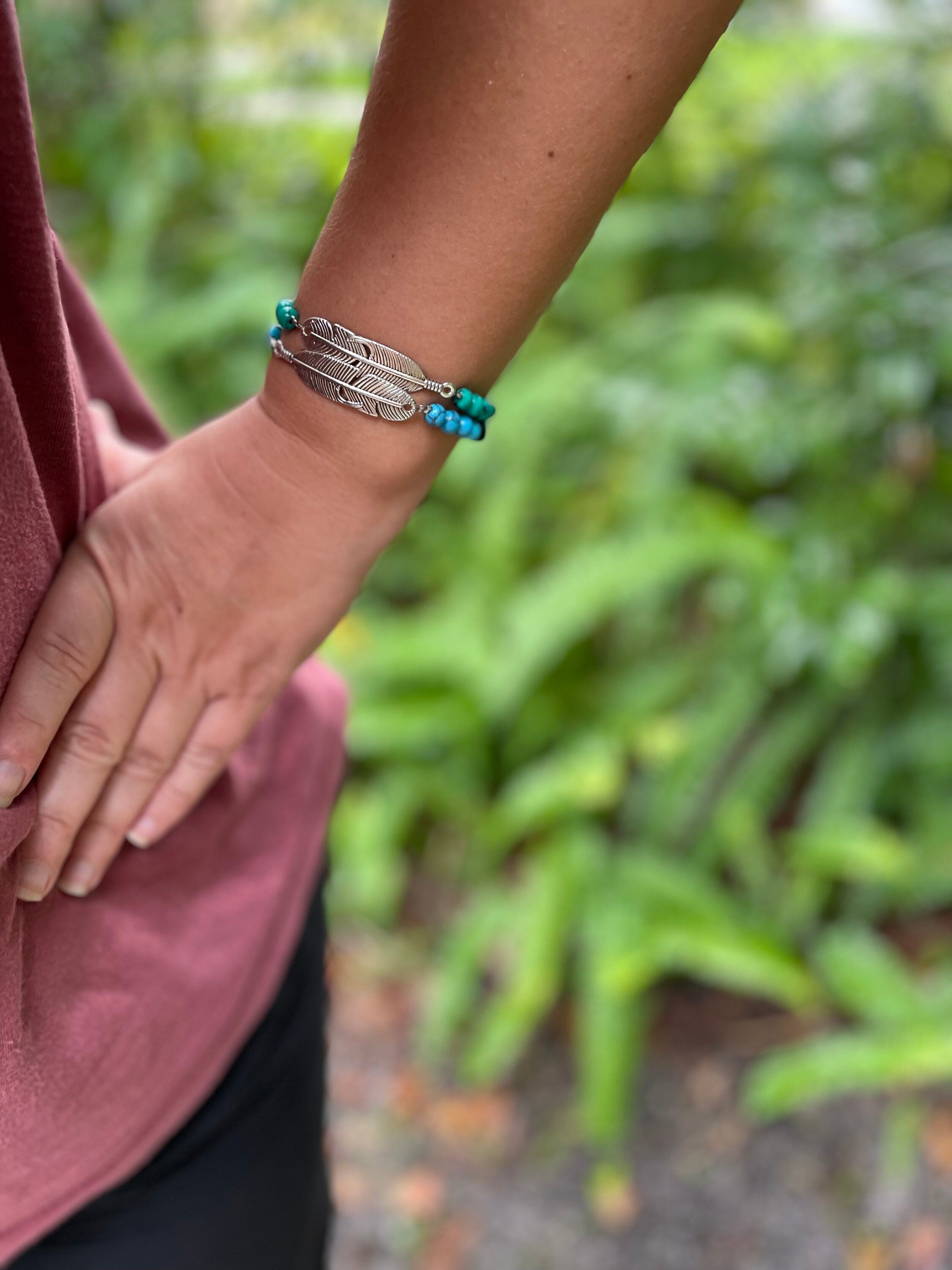 Feather Bracelet, Turquoise couple bracelet, Silver Feather Bracelet for Men or Women, friendship bracelet, Christmas gifts for him husband