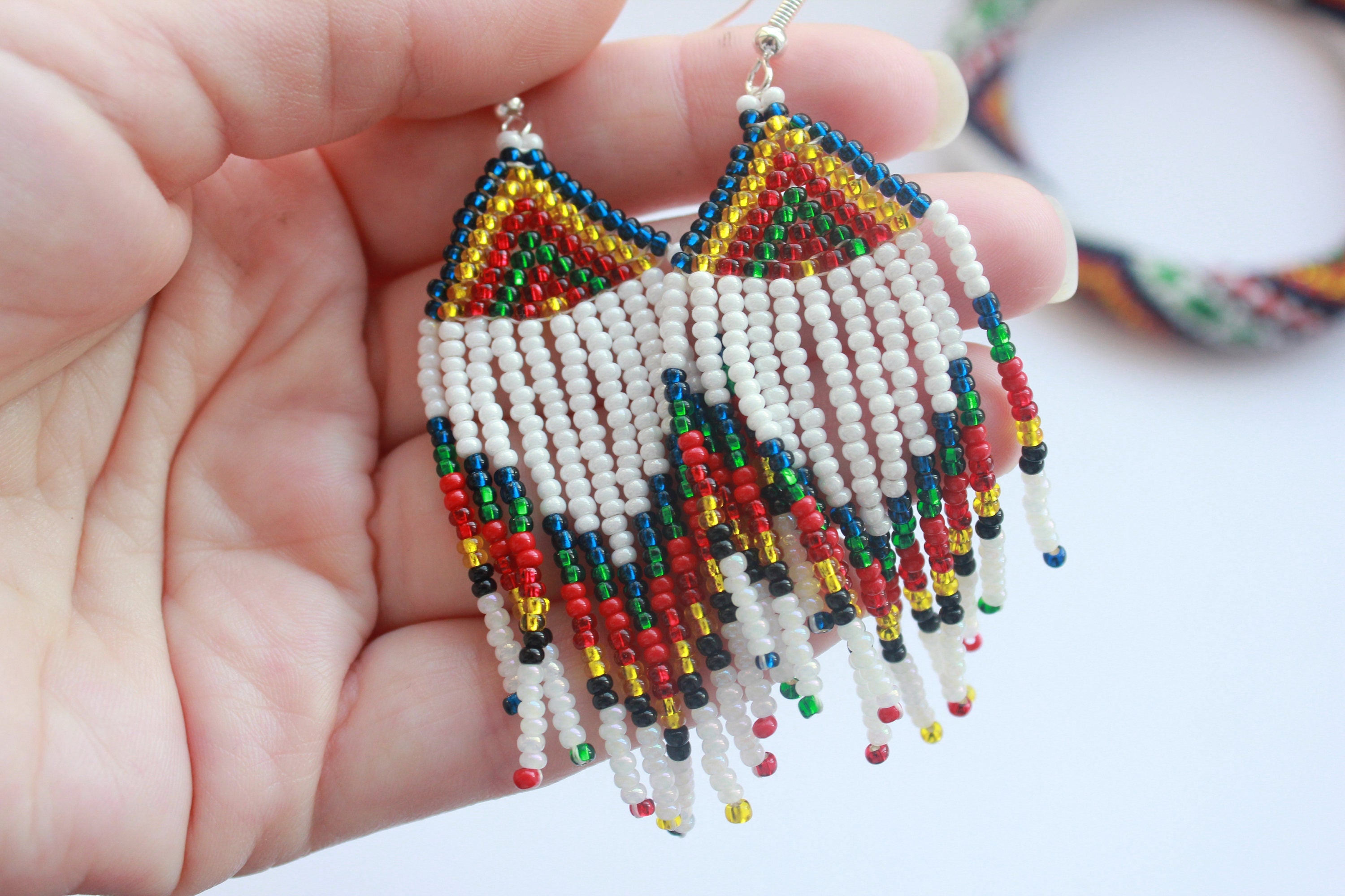 Dangle earrings Rainbow seed bead tassel earrings, beaded earrings, Long fringe Beaded Gypsy colorful dangles, native American jewelry women