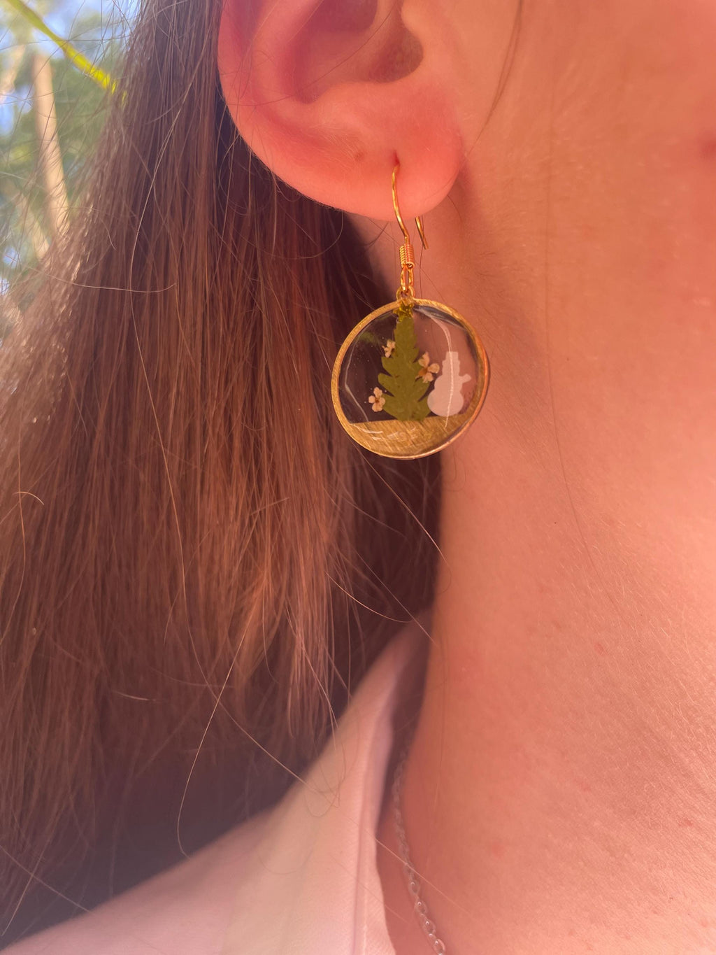 Gold Snow Globe Earrings: Real Fern, Flower Petals, Christmas Tree