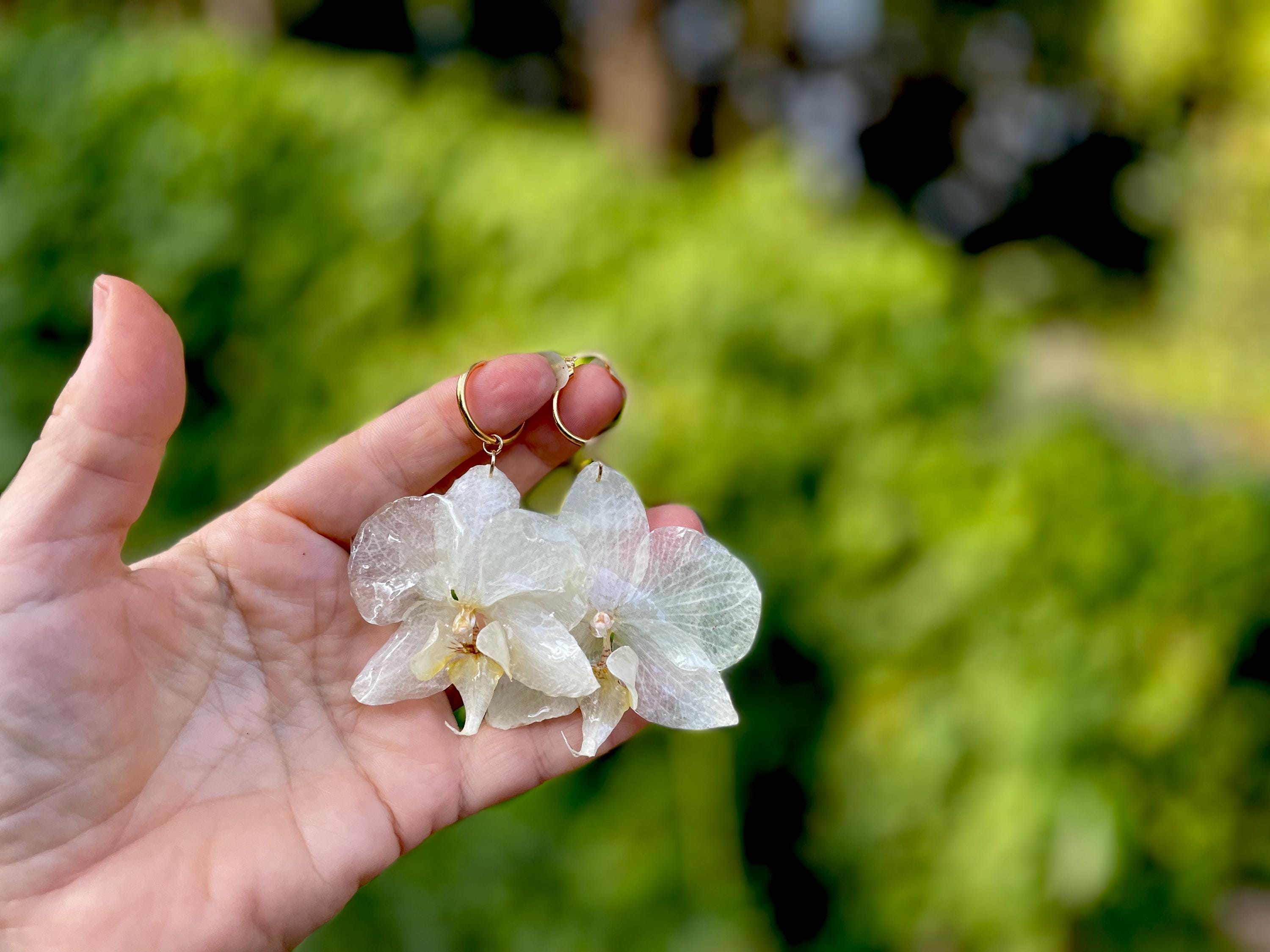 Real Orchid Earrings: Gold Hoop Earrings Resin, Unique White Wedding Bridal Jewelry
