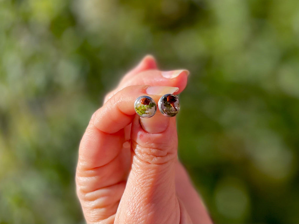 Real Mushroom Fern Unique hypoallergenic Stud Earrings for Women Men: Birthstone Personalized Nature Jewelry