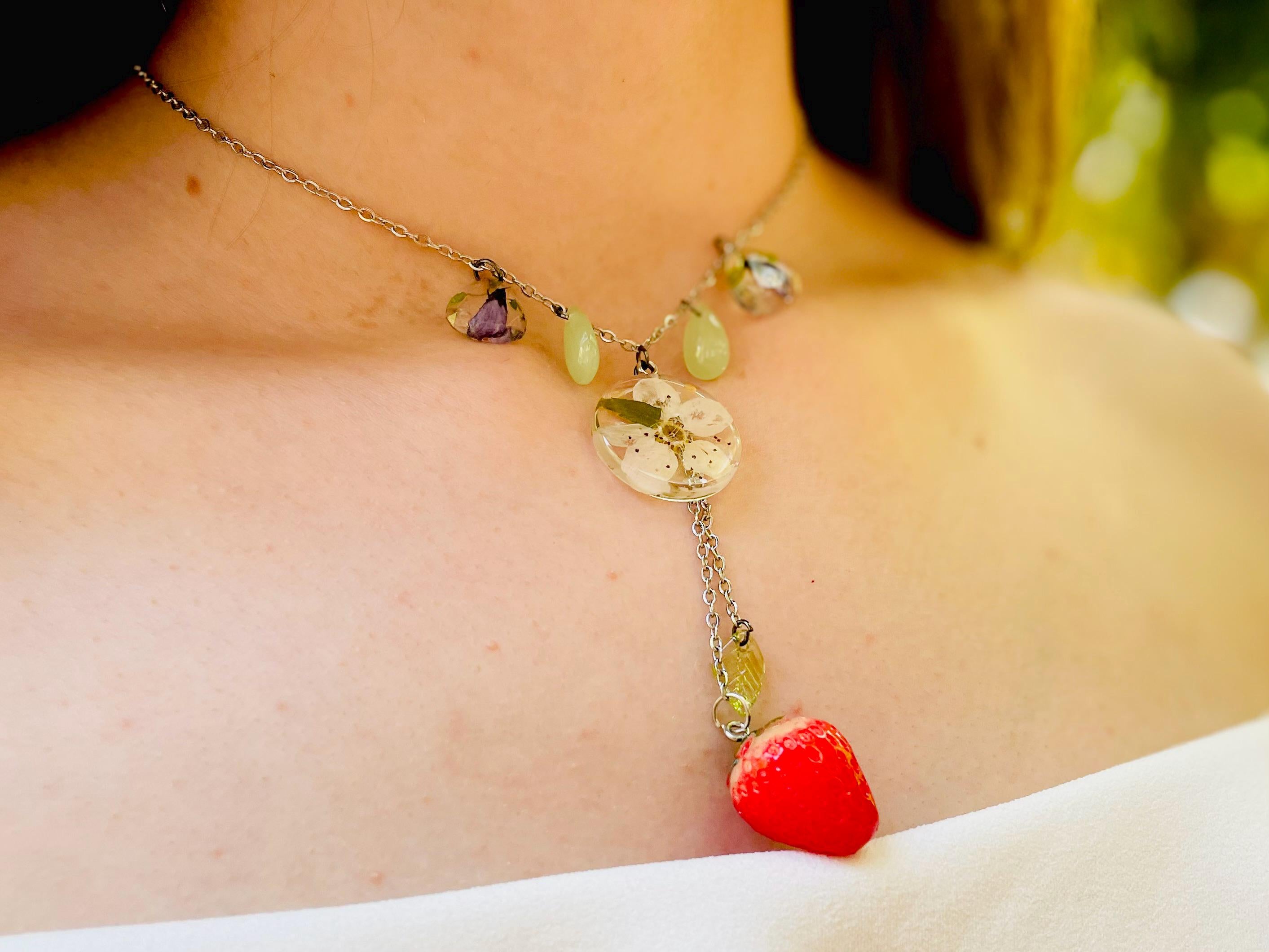 Strawberry necklace Romantic Layered Beaded Fairycore Necklace Cottagecore Fruit lariat necklace Wisteria Pressed Flower Necklace Aventurine