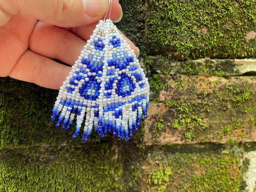 Chinoiserie Seed Bead Earrings: White & Blue Toile, Sterling Silver