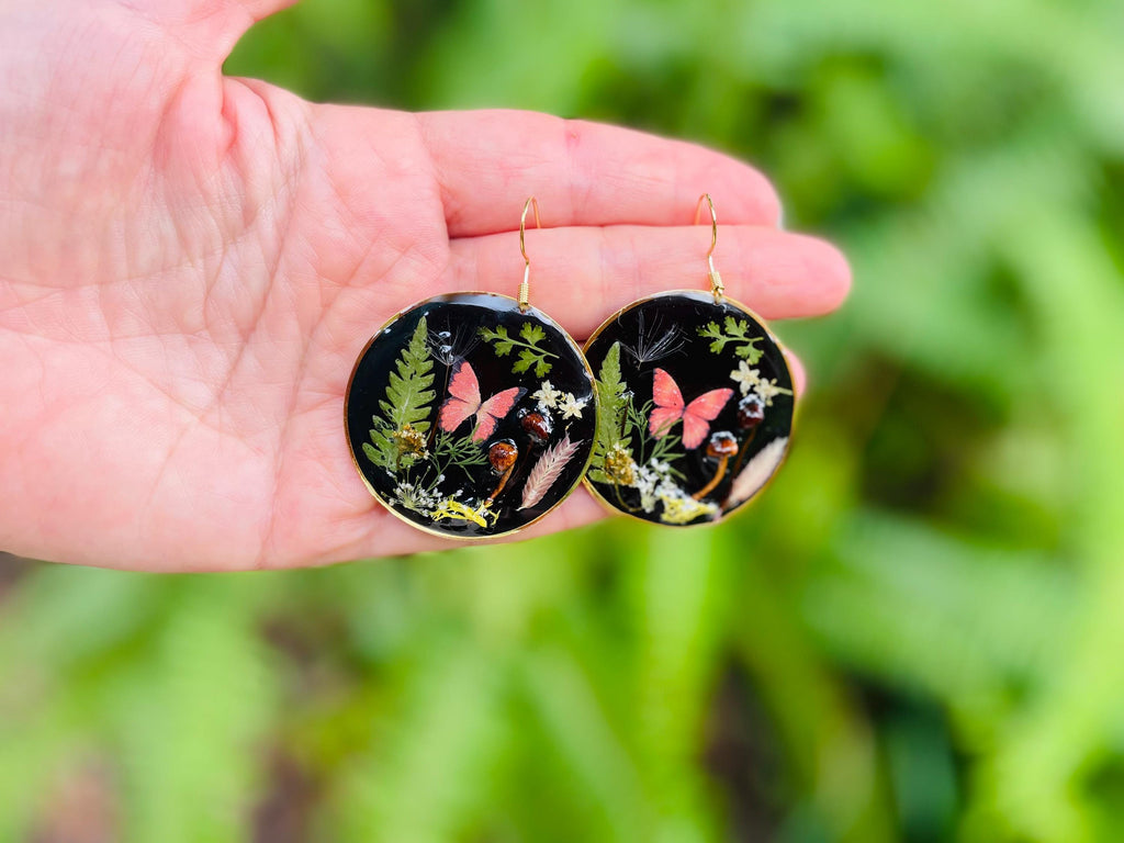 Dark Academia Mushroom Earrings: Real Moss, Fern & Butterfly