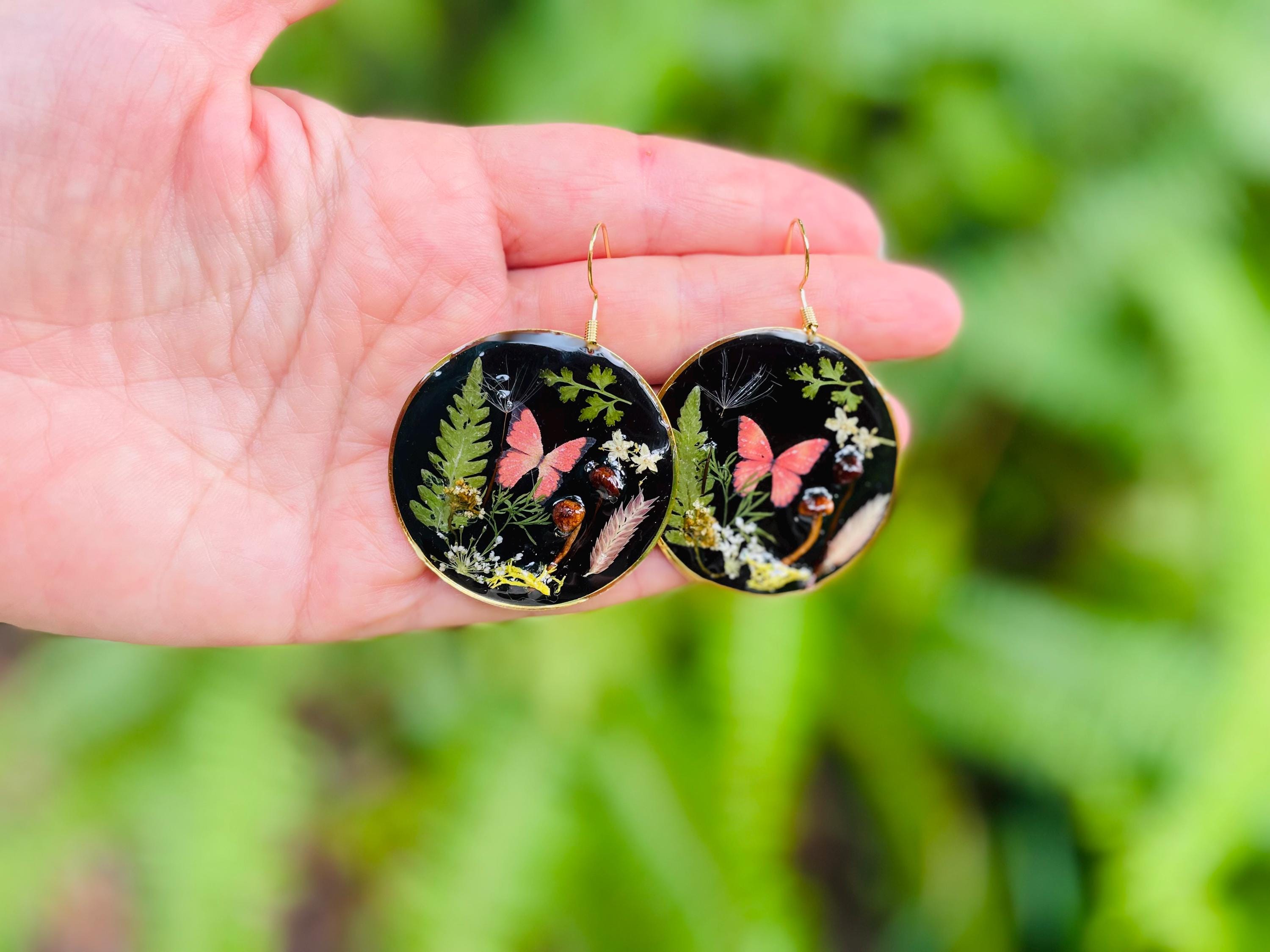 Dark Academia Mushroom Earrings: Real Moss, Fern & Butterfly
