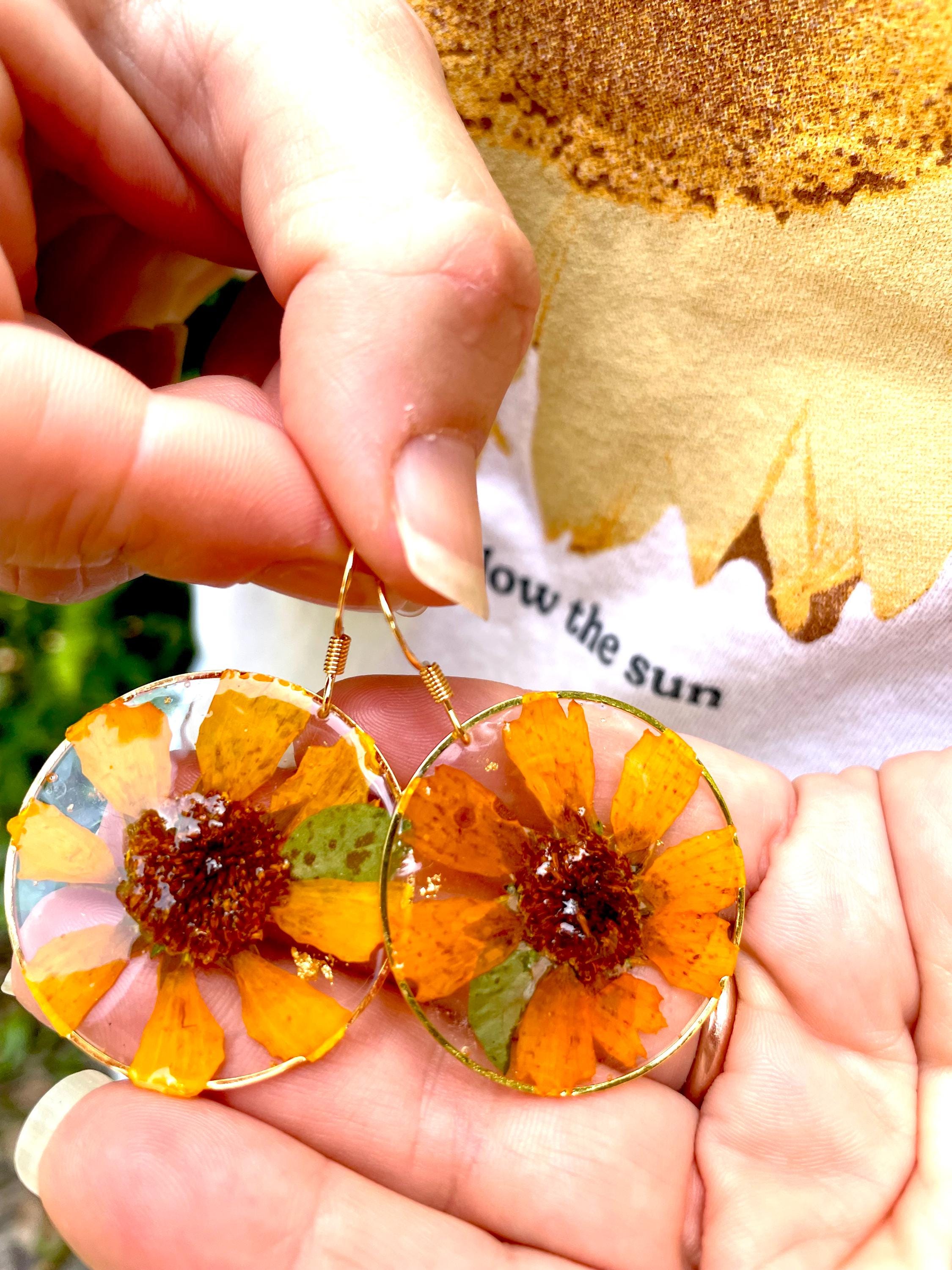 Resin Sunflower Dangle Earrings: Cottagecore Floral Jewelry