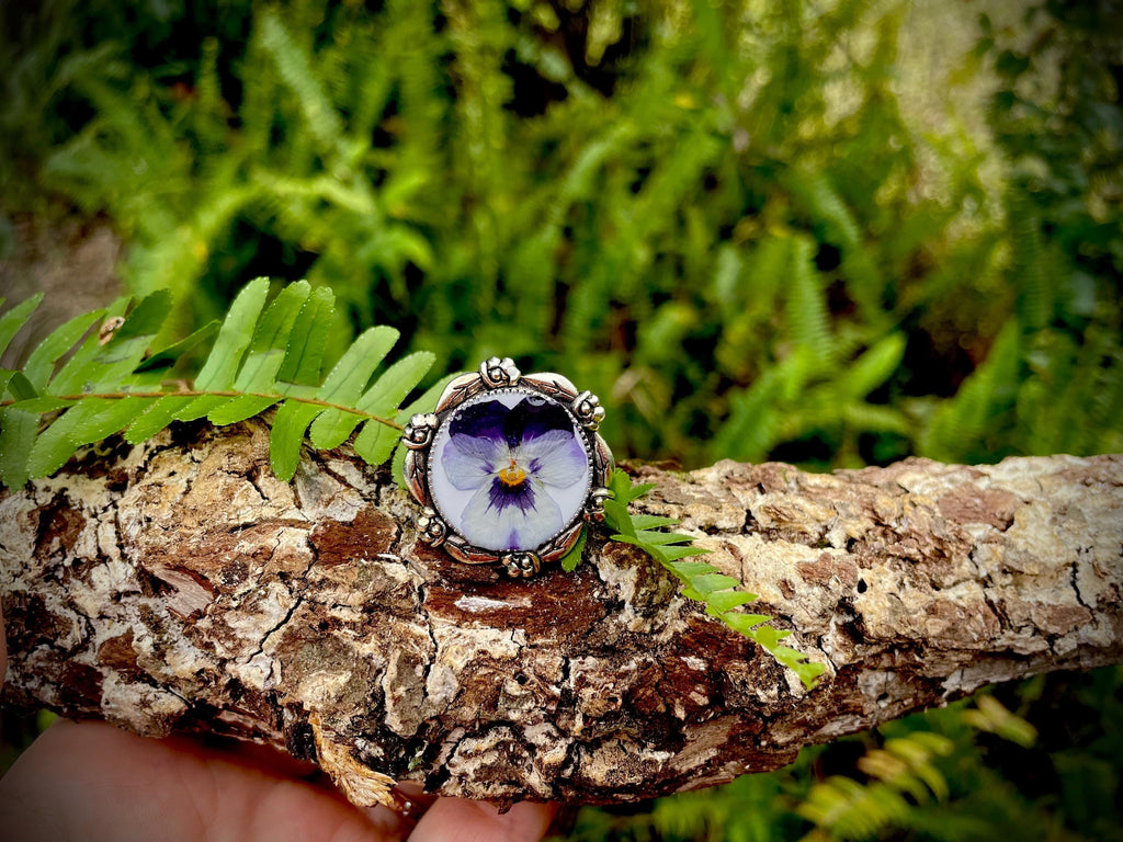 Silver Pansy Ring: Pressed Flower Cameo, February Birth Flower