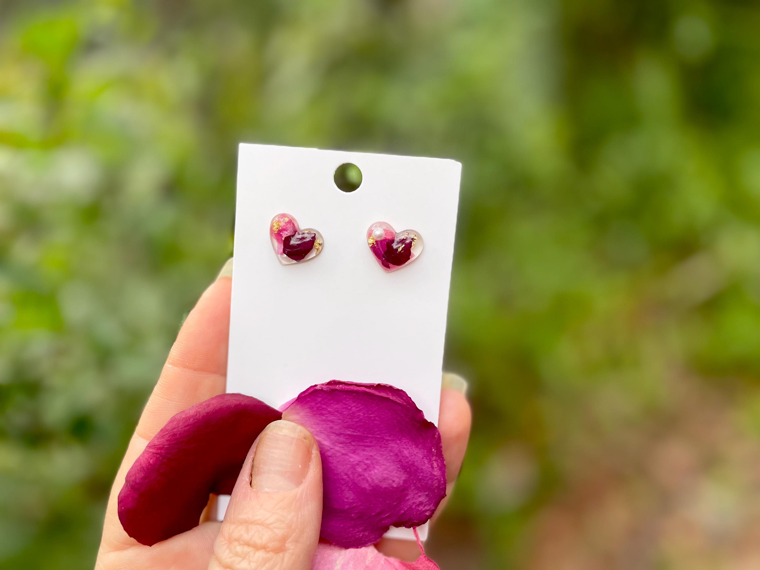 Handmade Heart Rose Stud Earrings: Titanium Resin Flower Earrings June Birth Month
