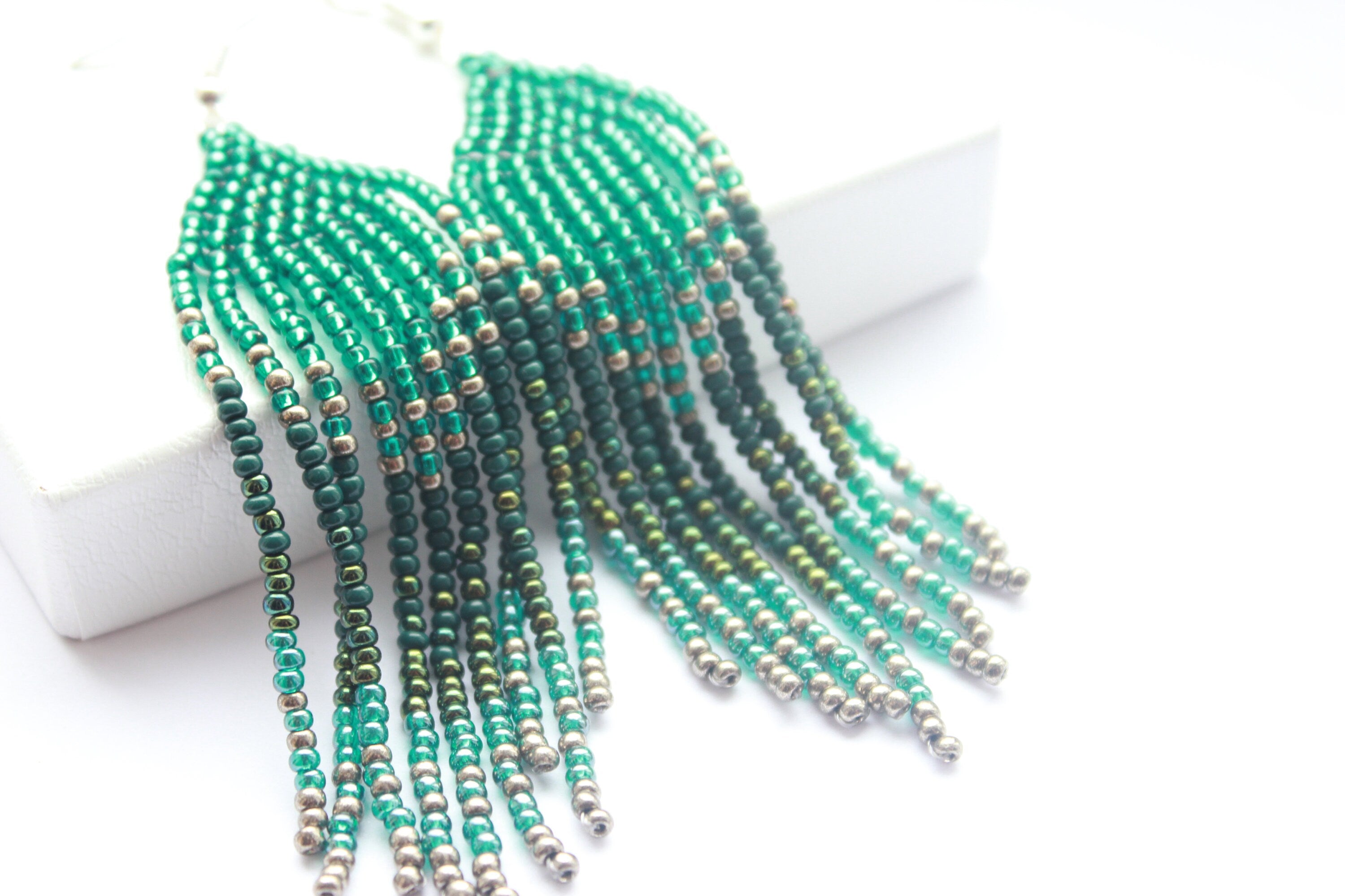 Emerald beaded earrings, Long earrings Fringe earrings, Ombre earrings Seed bead earrings, Chandelier earring Boho, beadwork earrings Dangle