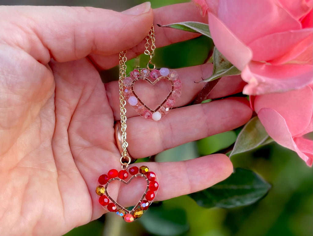 Ruby Red Heart Necklace: Gold Layered Chain, Beaded Handmade Jewelry