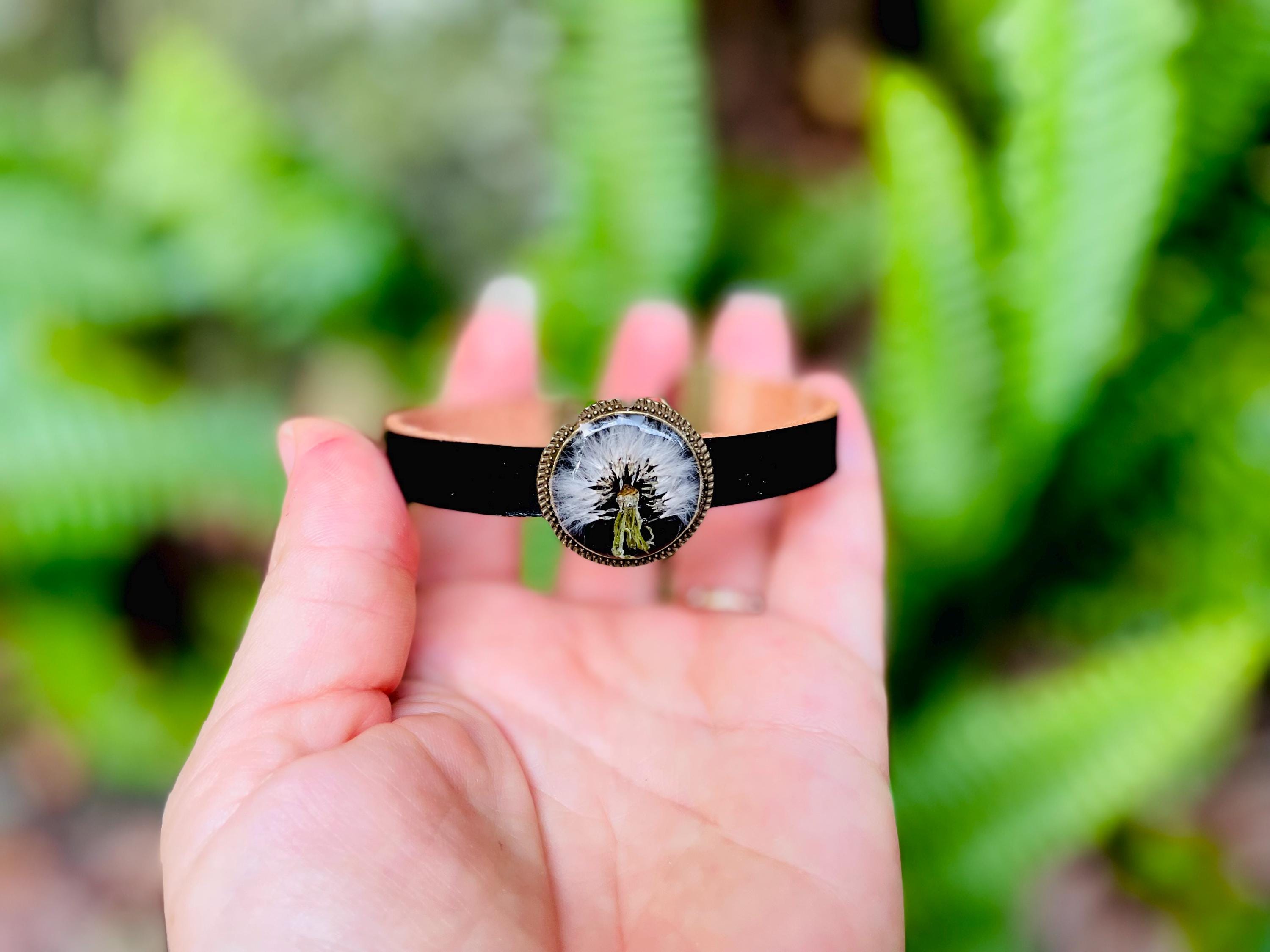 Black Leather Dandelion Bracelet Adjustable: Unisex Nature Inspired Pressed Flower Bronze Anniversary Jewelry