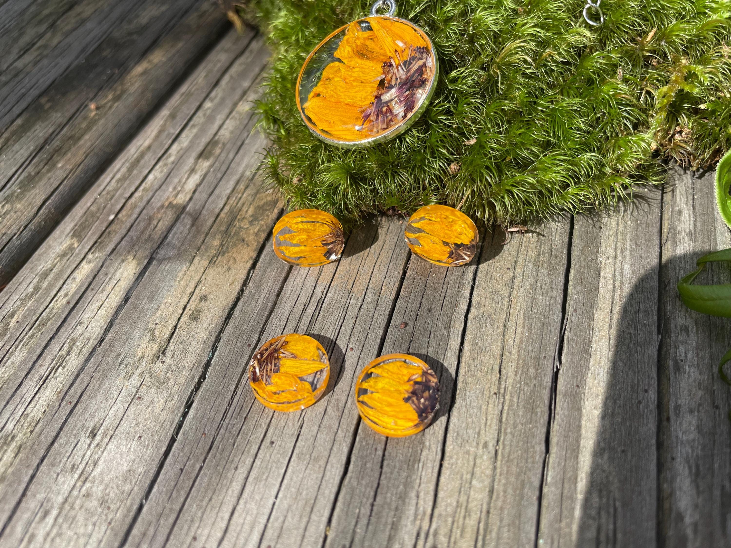 Dainty Sunflower Stud Earrings Hypoallergenic 10mm: Handmade Pressed Flower Jewelry Resin