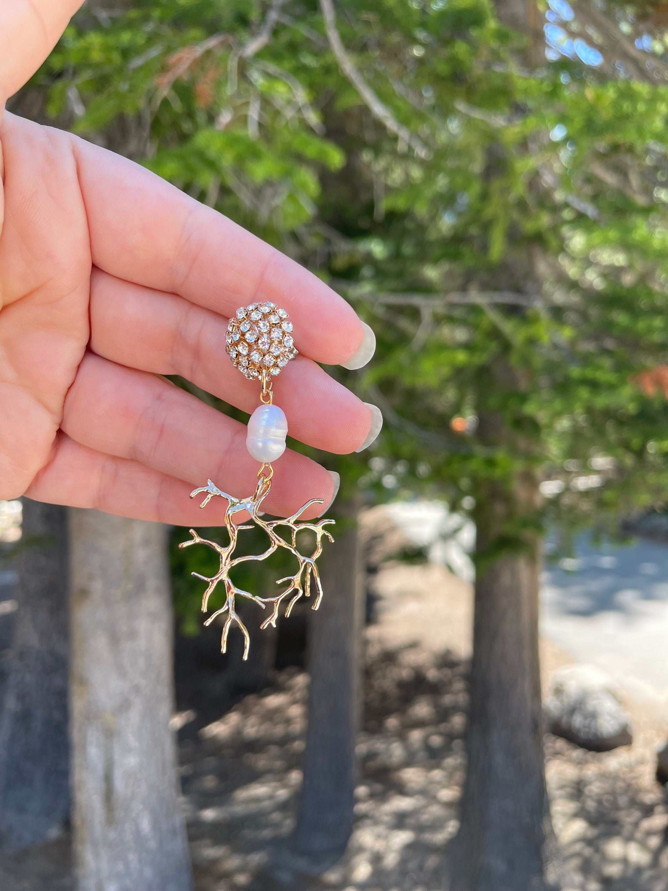 Gold Coral Branch Chandelier Earrings: Baroque Pearl Rhinestone Clip-Ons