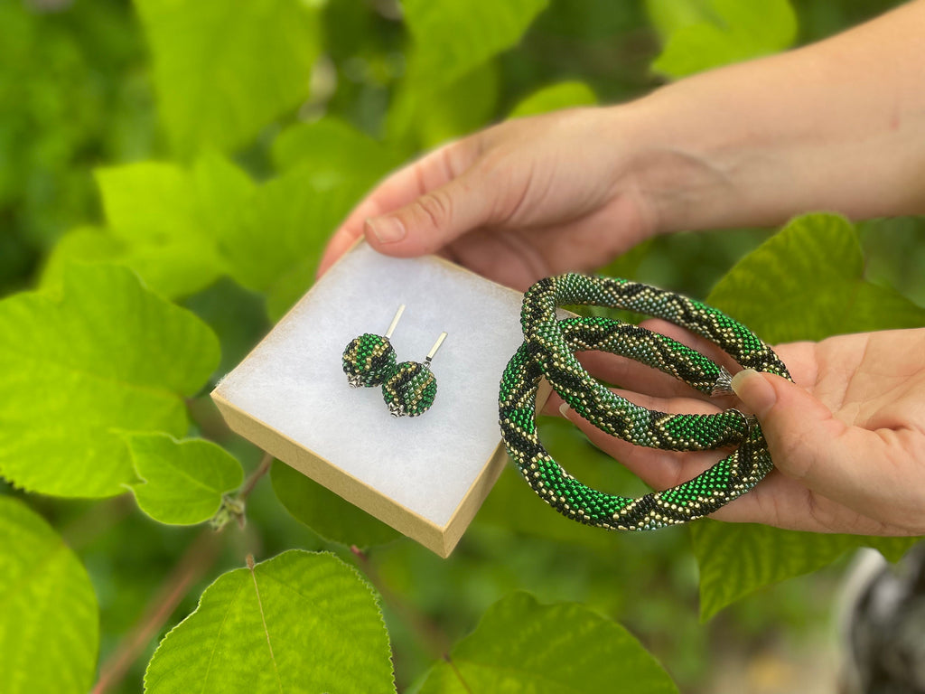 snake print earrings, beaded dangle Green Serpent one ball earrings, Snake Skin Jewelry, Asp Gift Modern Bonbon earrings, Halloween earrings