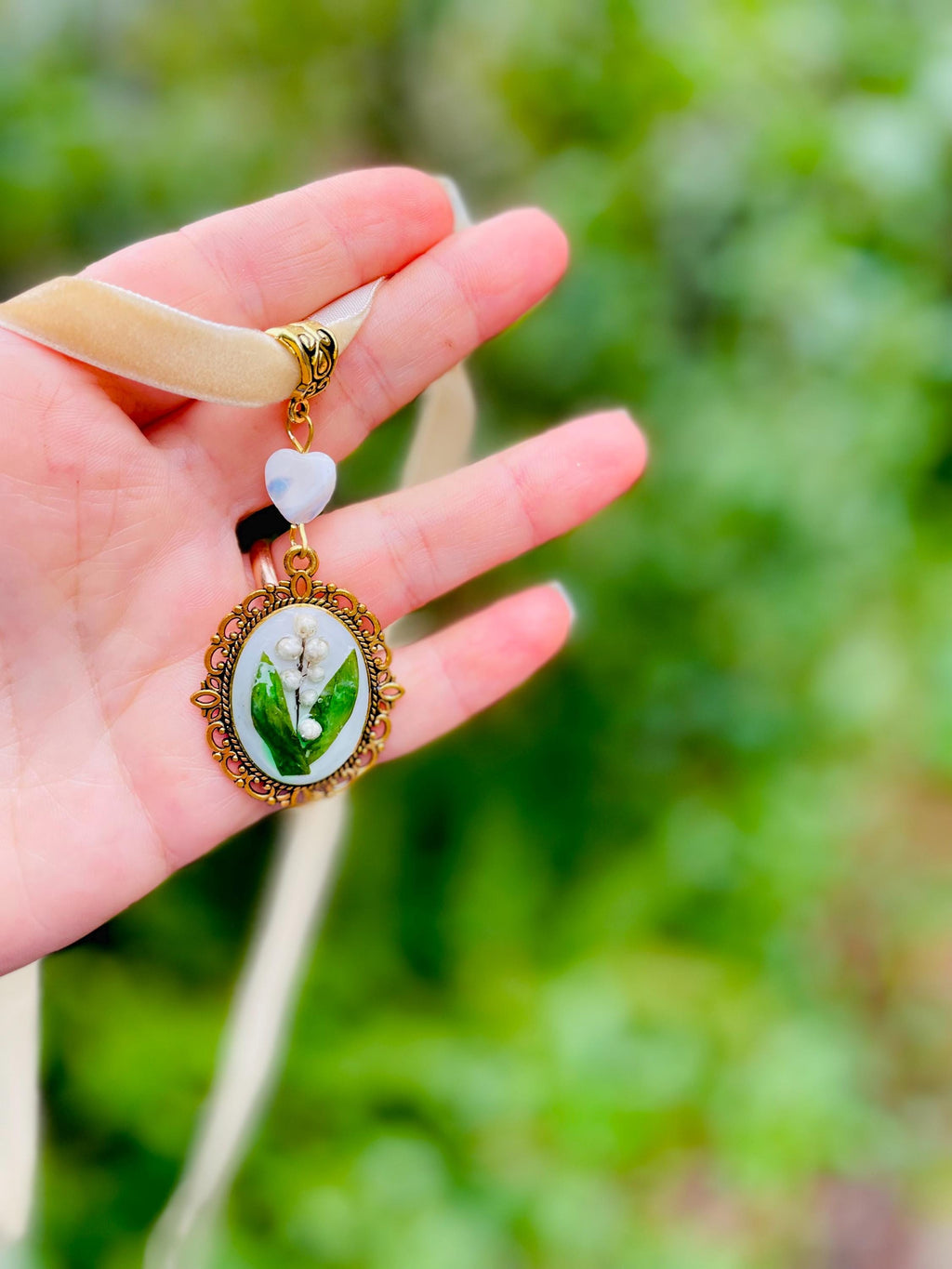Lily of the Valley Necklace: Real Flower Pendant, Mother of Pearl Heart, Velvet Ribbon
