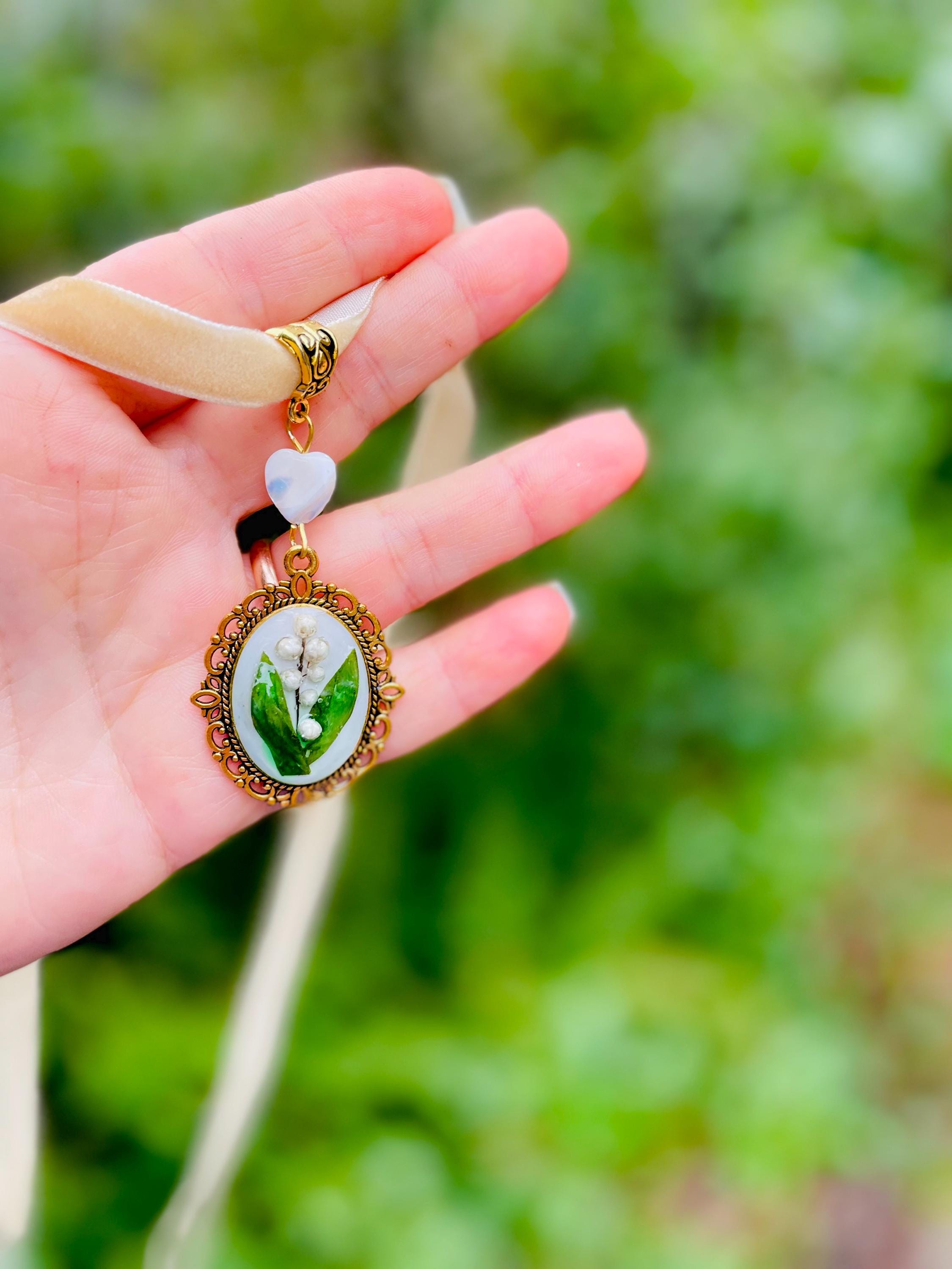 Lily of the Valley Necklace: Real Flower Pendant, Mother of Pearl Heart, Velvet Ribbon