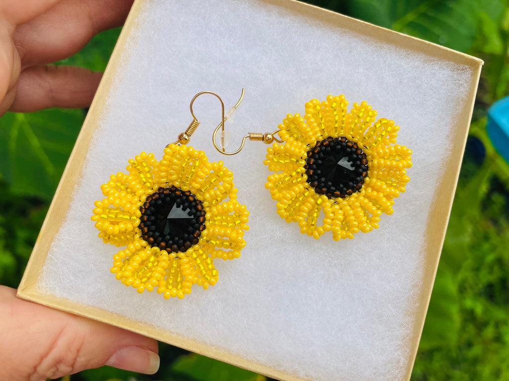 Unique Mothers day gift for her, Sunflower earrings dangle clip on stud, Ukrainian national flower beaded earrings handmade, Ukraine seller