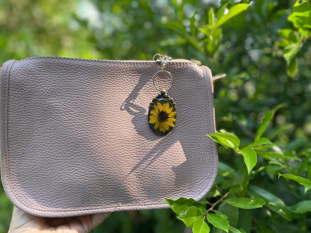 Real Sunflower Purse Charm Resin: Rustic Yellow Floral Keychain | Nature Lover Gift