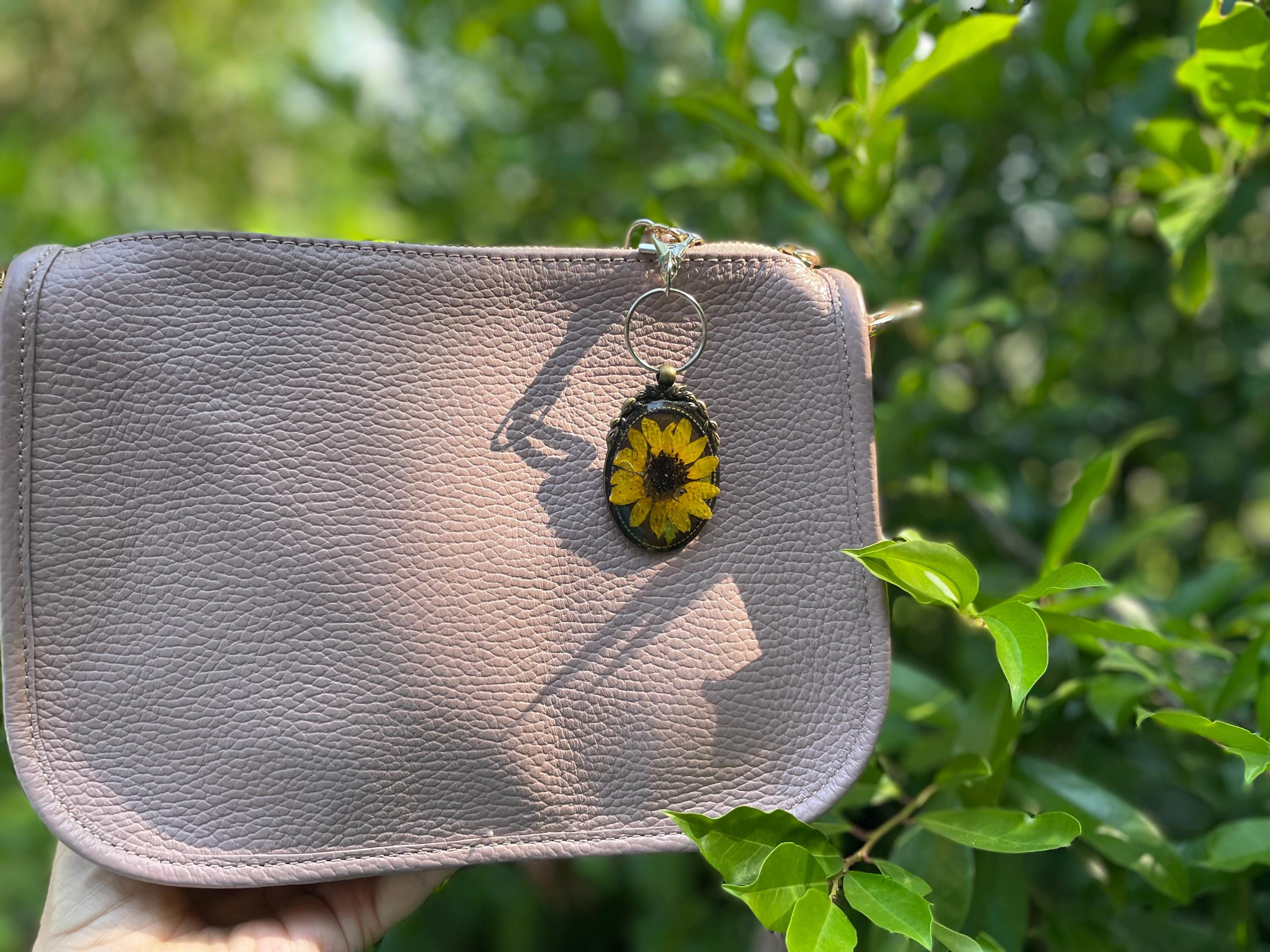 Real Sunflower Purse Charm Resin: Rustic Yellow Floral Keychain | Nature Lover Gift