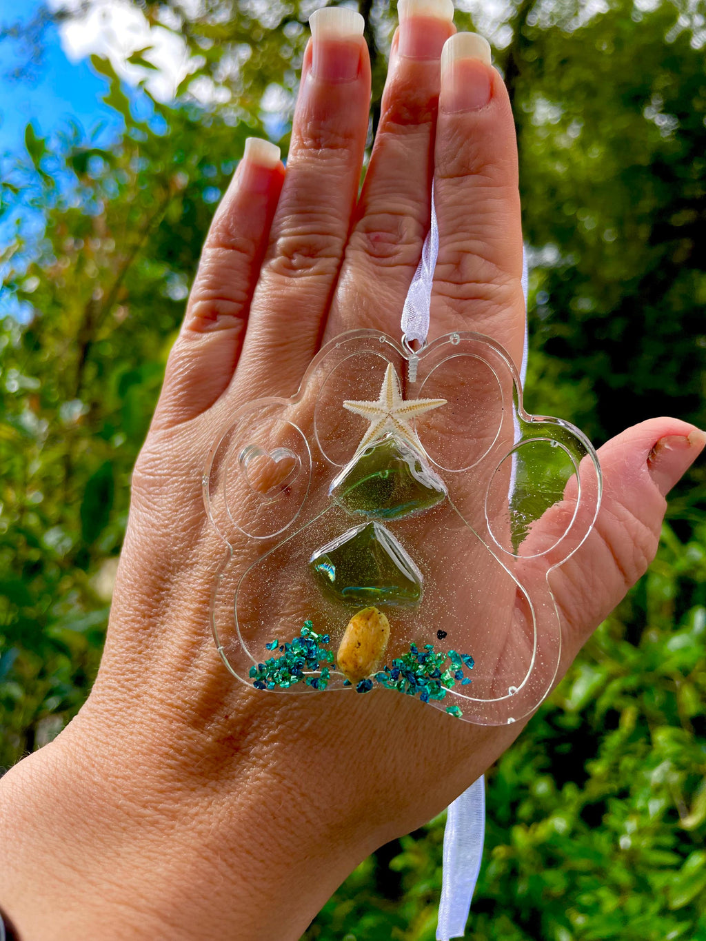 Personalized Sea Glass Dog Paw Ornament: Custom Pet Memorial Gift