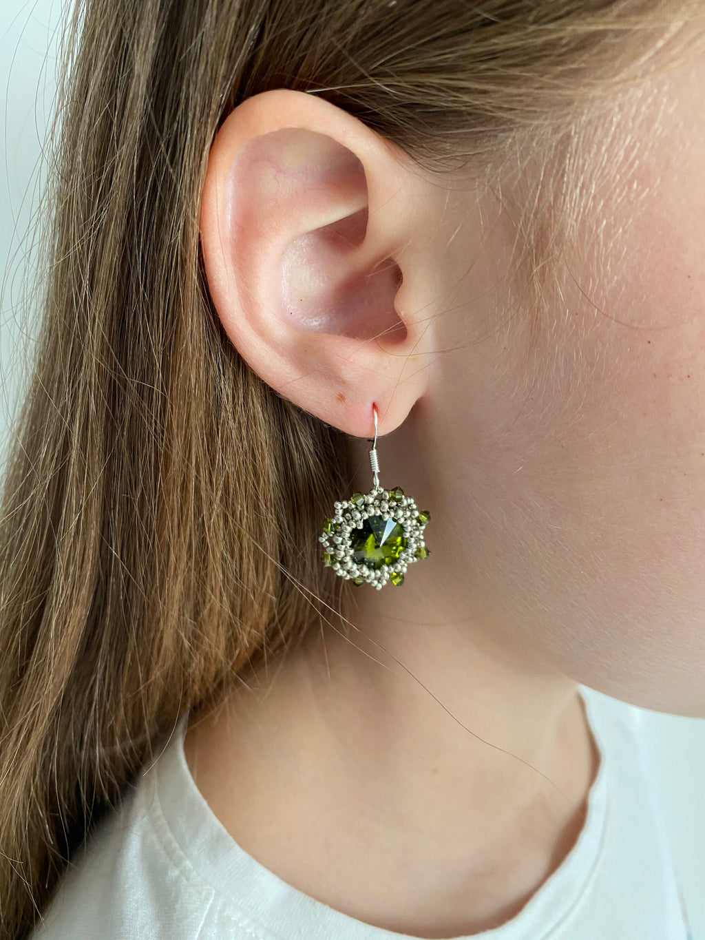 Chartreuse olive green Swarovski crystal sterling silver dangle earrings, handmade unique holiday jewelry gift boho green statement earrings