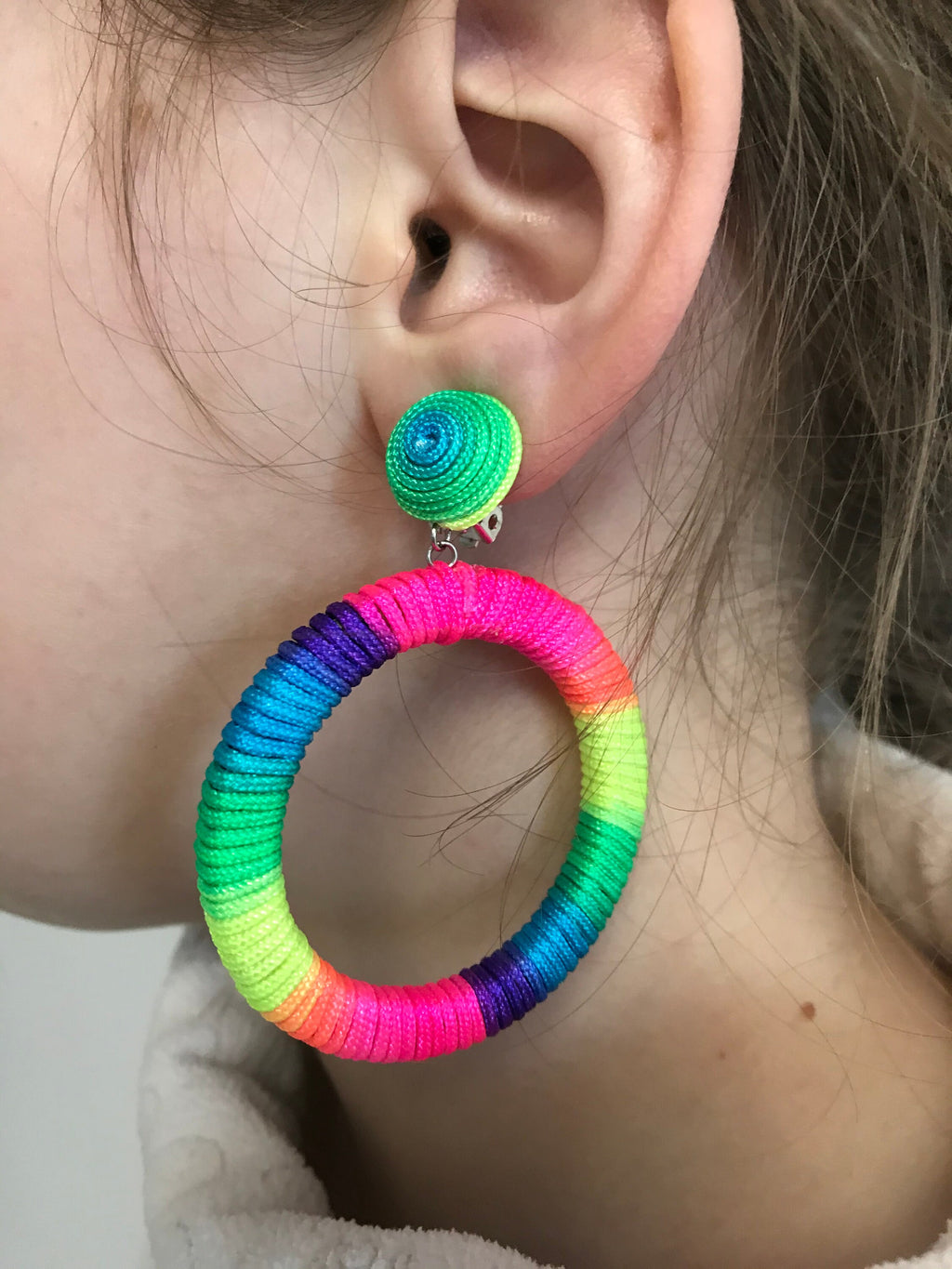Rainbow colorful Oversize hoop earrings, big hoops clip on, statement laser cut wooden studs~trendy fashion jewelry, Christmas gifts for mom