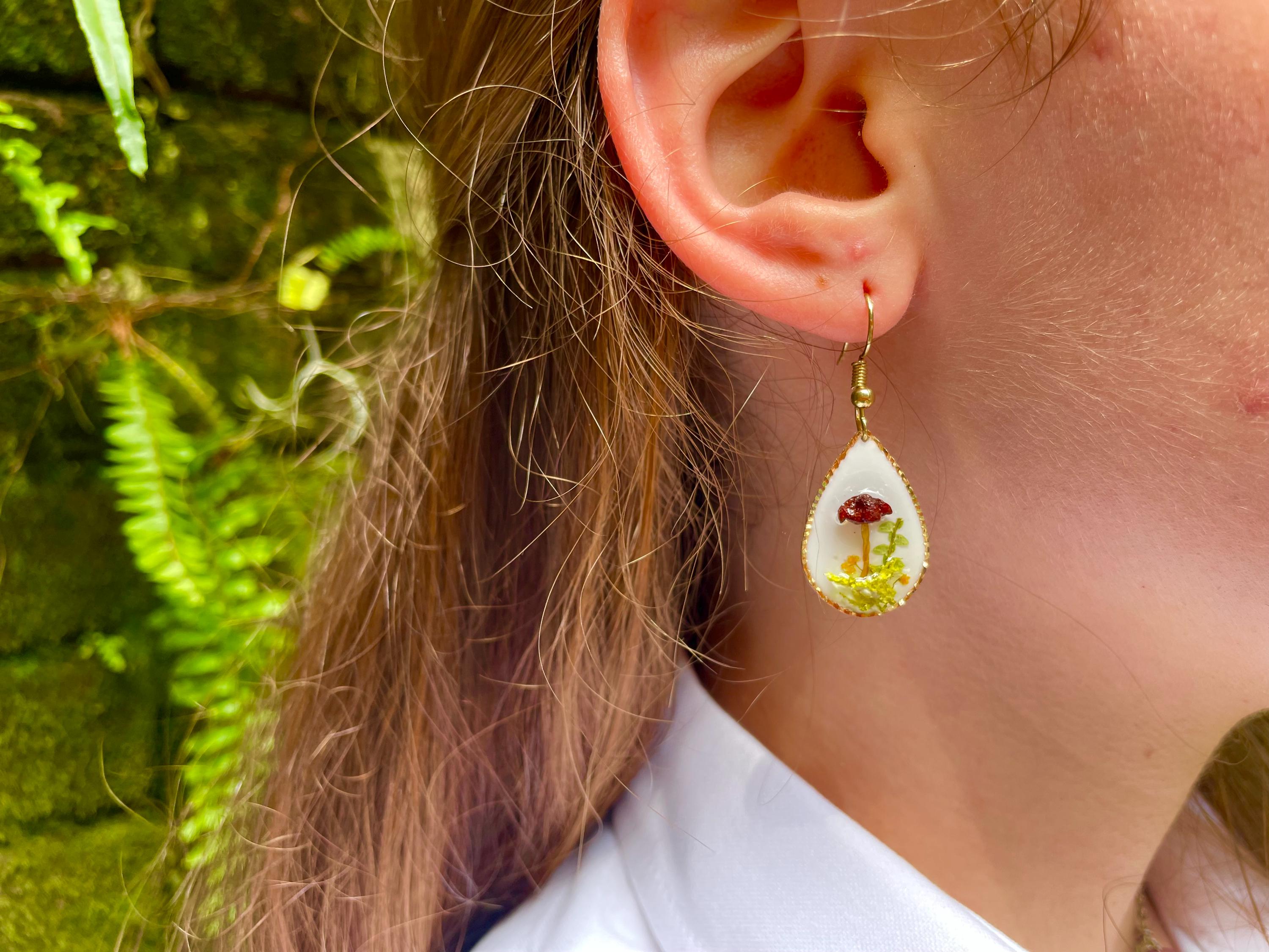 Teardrop Mushroom Moss Earrings: 14K Gold Dangle, Woodland Fairy Jewelry
