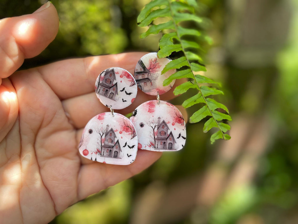 Haunted Mansion Halloween Earrings Clay: Spooky Season Unique Clip-Ons or Posts