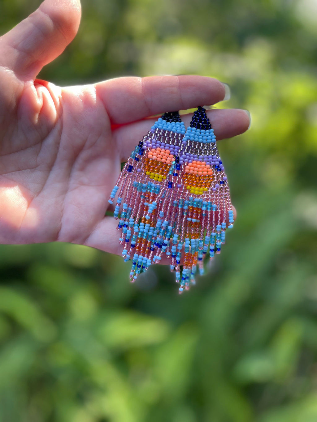 Pink Sunset long fringe Earrings dangle chandelier Seed bead earrings Artistic Beadwork earrings Seed bead Boho earring Sky Landscape Sea