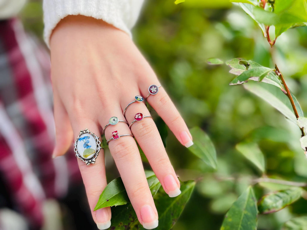 Personalized Birthstone Color Ring: Silver Adjustable Pressed Wildflower Jewelry