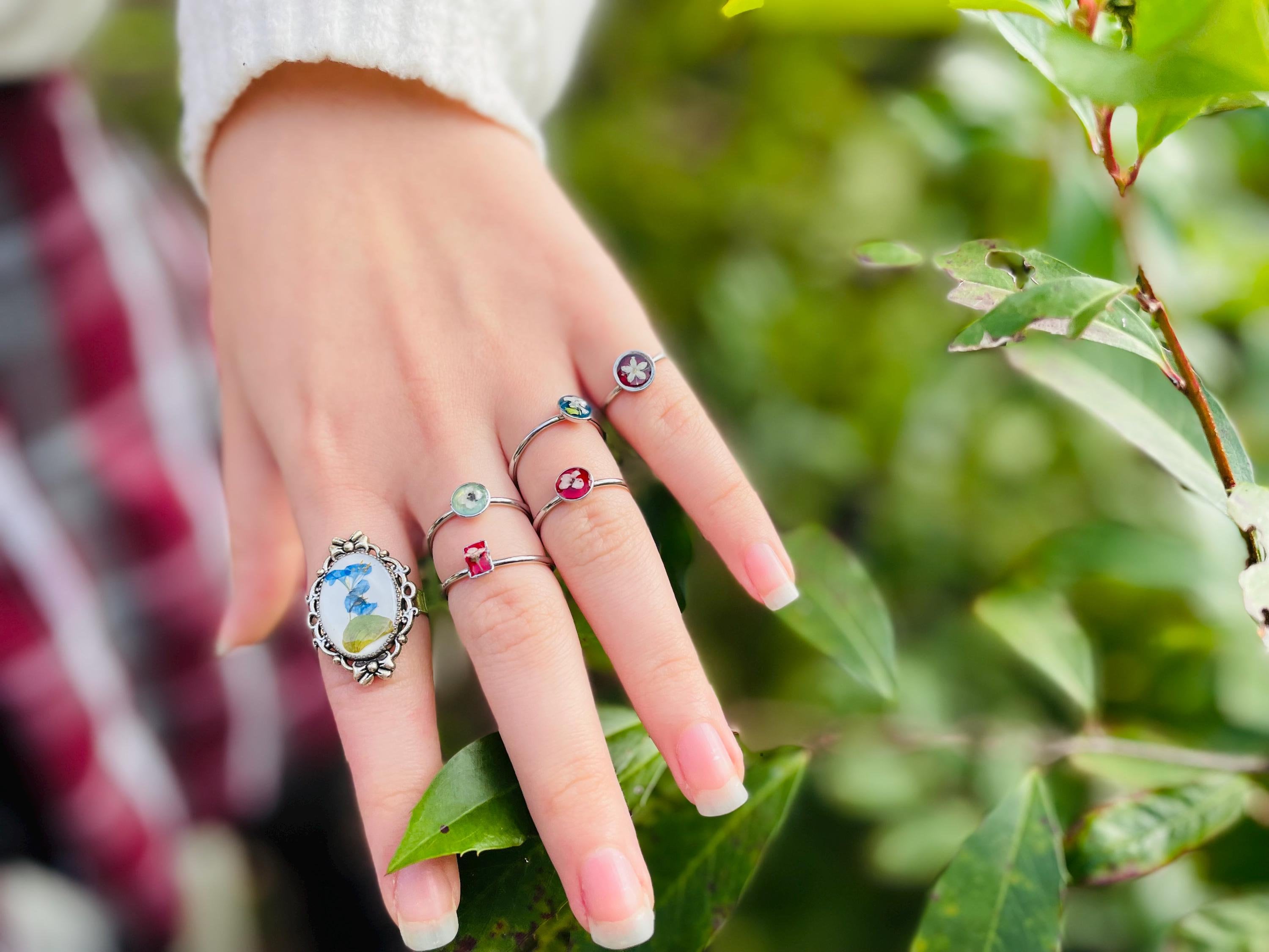 Personalized Birthstone Color Ring: Silver Adjustable Pressed Wildflower Jewelry