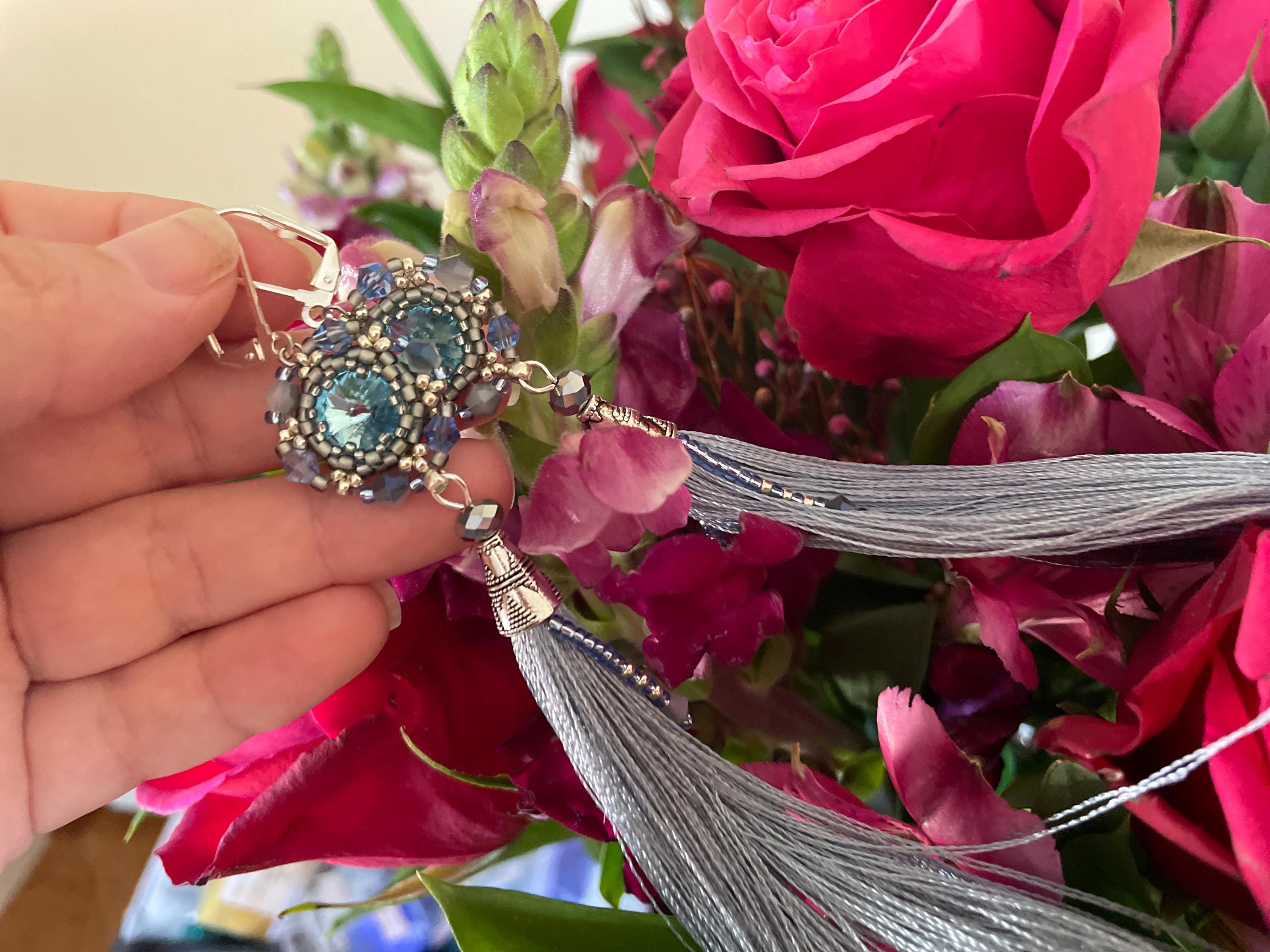 Dusty Blue Swarovski Crystal Beaded Silk Tassel Earrings: Bridal Something Blue Jewelry Handmade 5 inch