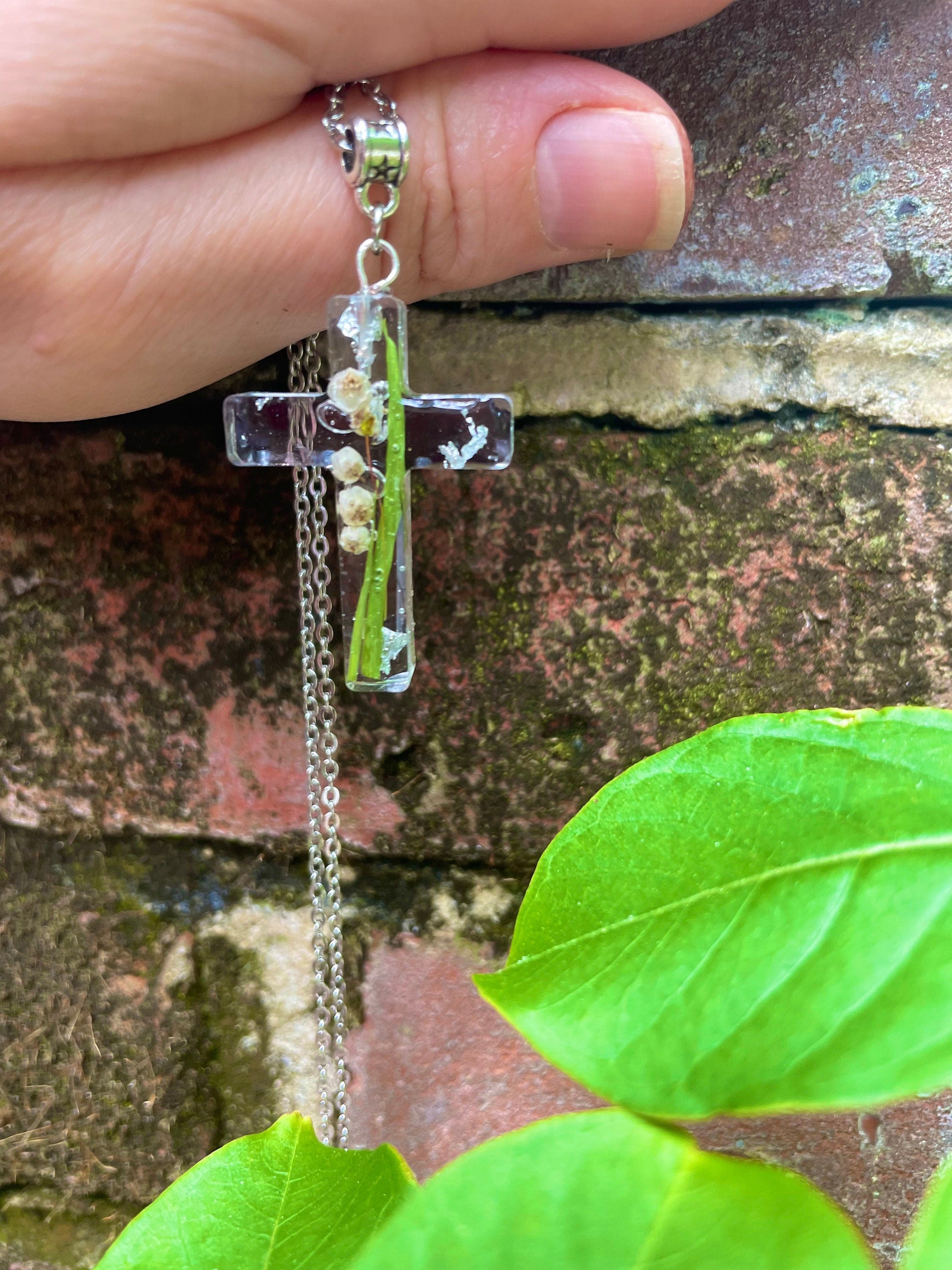 Personalized Birth Flower Lily of the Valley Cross Necklace: Custom Birthstone & Flower Pendant