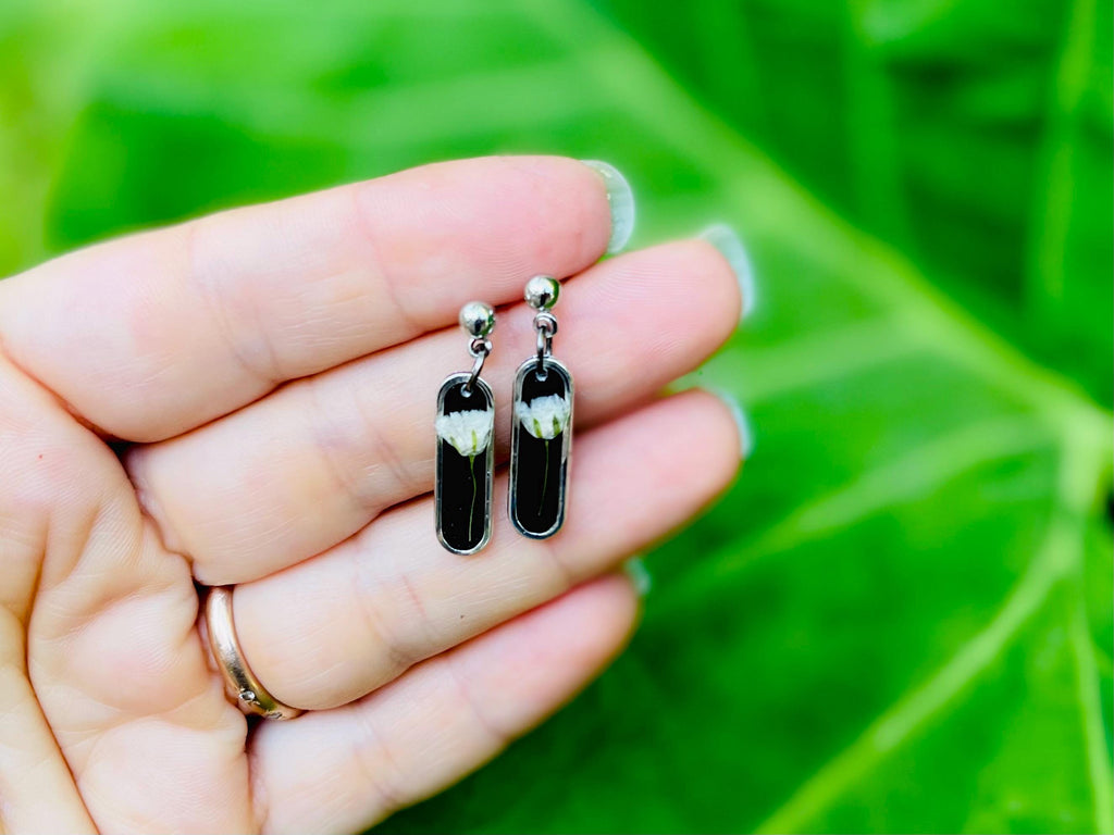 Black Floral Earrings Post: Baby Breath Pressed Flower Jewelry Minimalist Resin