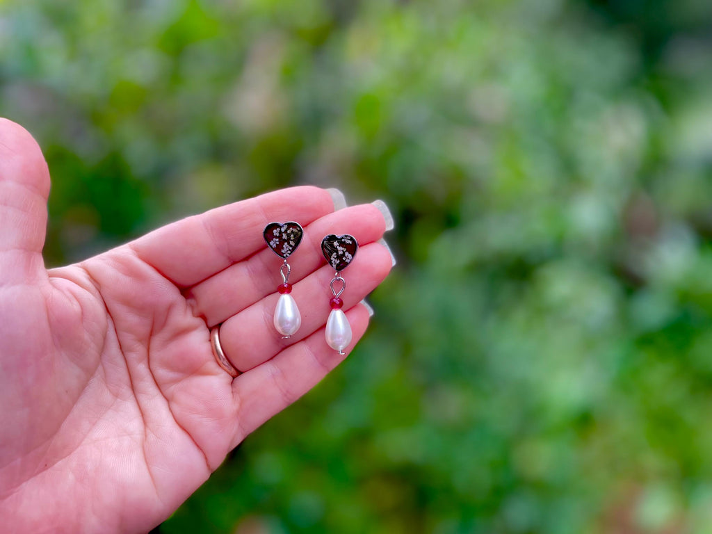 Silver Garnet Heart Earrings: Antique Wildflower Pearl Drop Jewelry January Birthstone