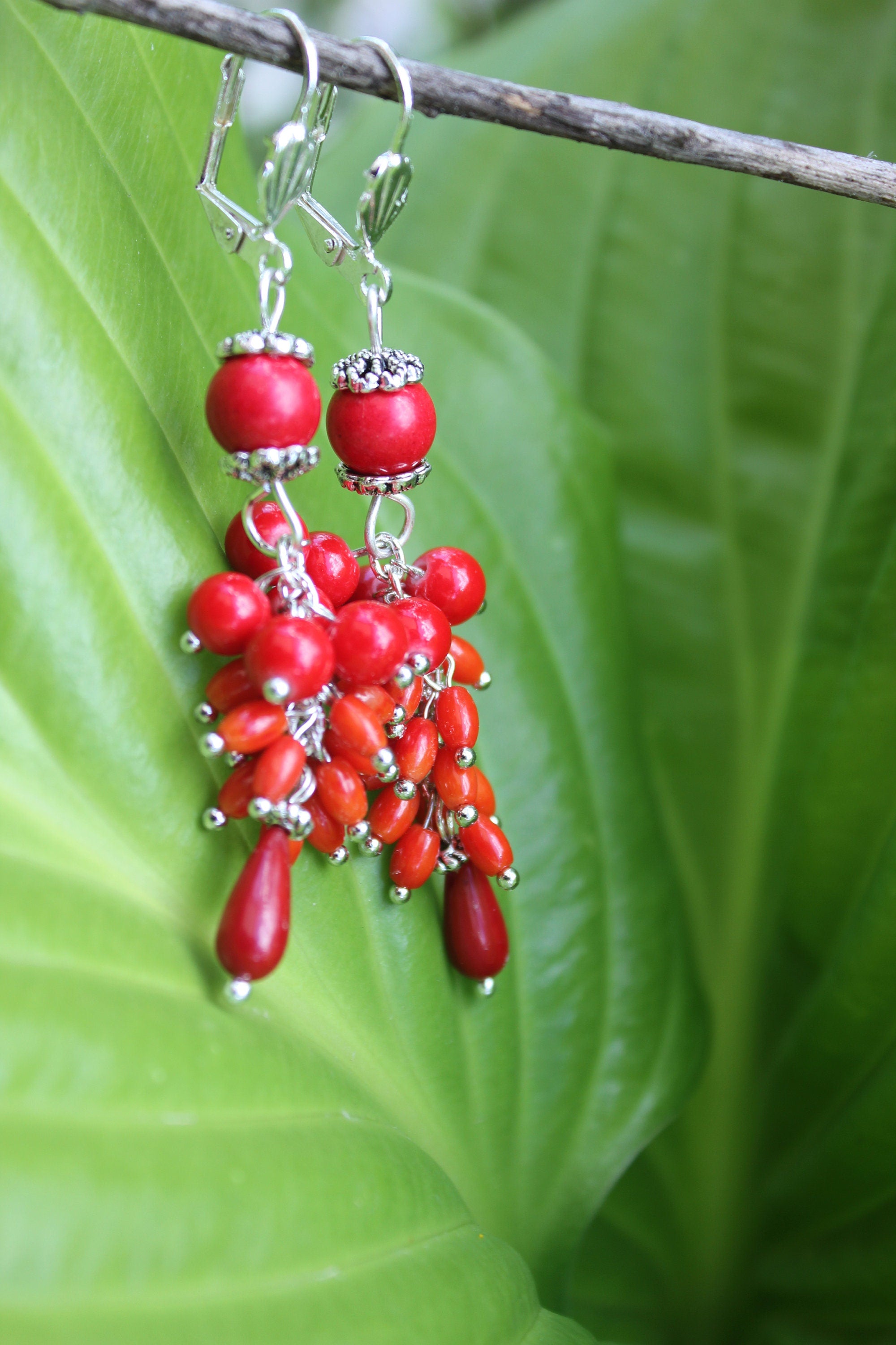 Red Coral Cluster Earrings: Vintage Style Crystal Dangle Earrings Statement