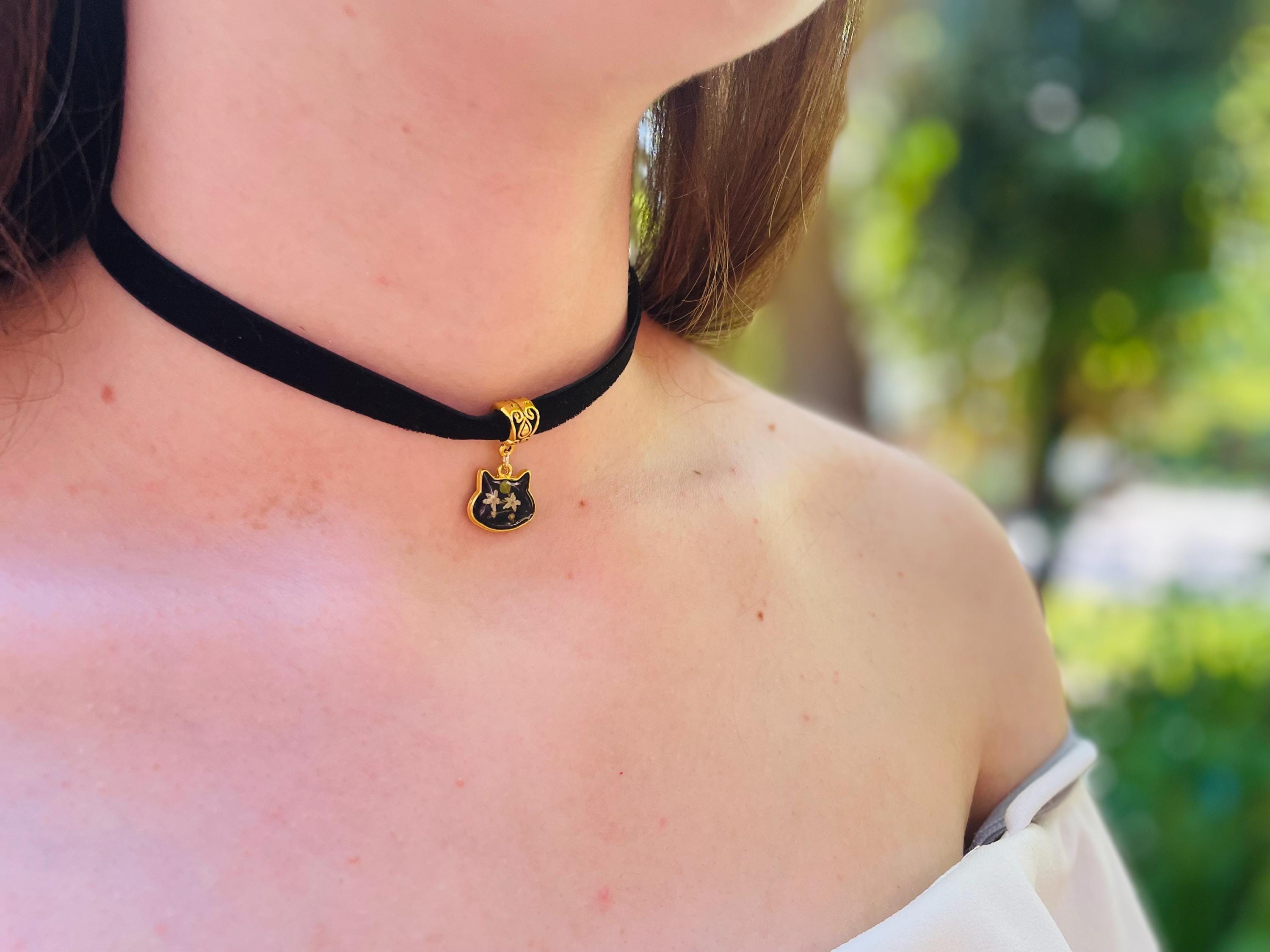 90s Black Velvet Cat Choker: White Flower Charm, Custom Length
