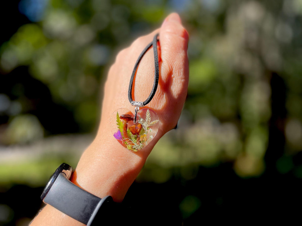 Personalized Mushroom Heart Pendant Necklace: Dried Moss Terrarium Jewelry, Custom Birthstone Choker