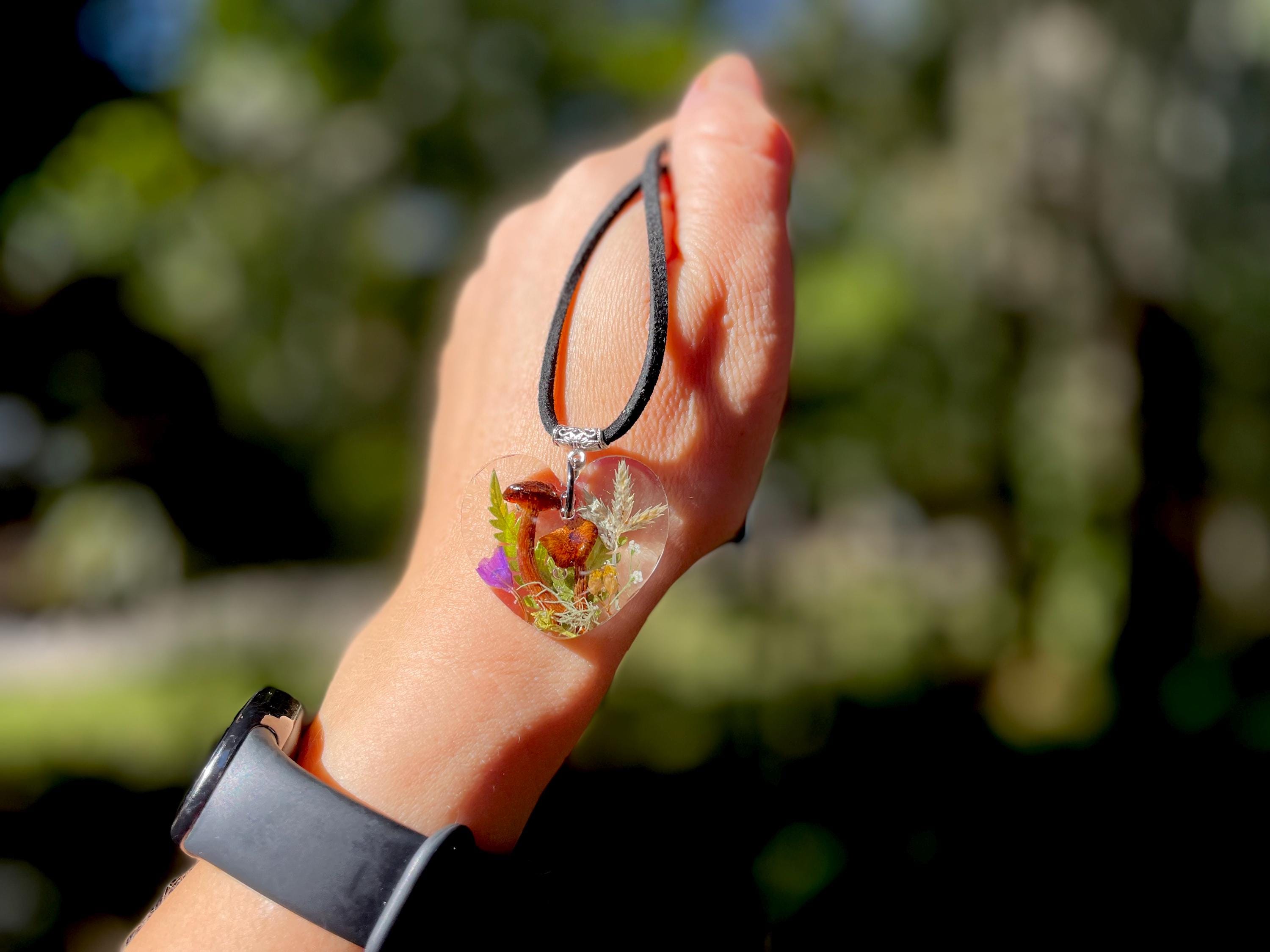 Personalized Mushroom Heart Pendant Necklace: Dried Moss Terrarium Jewelry, Custom Birthstone Choker